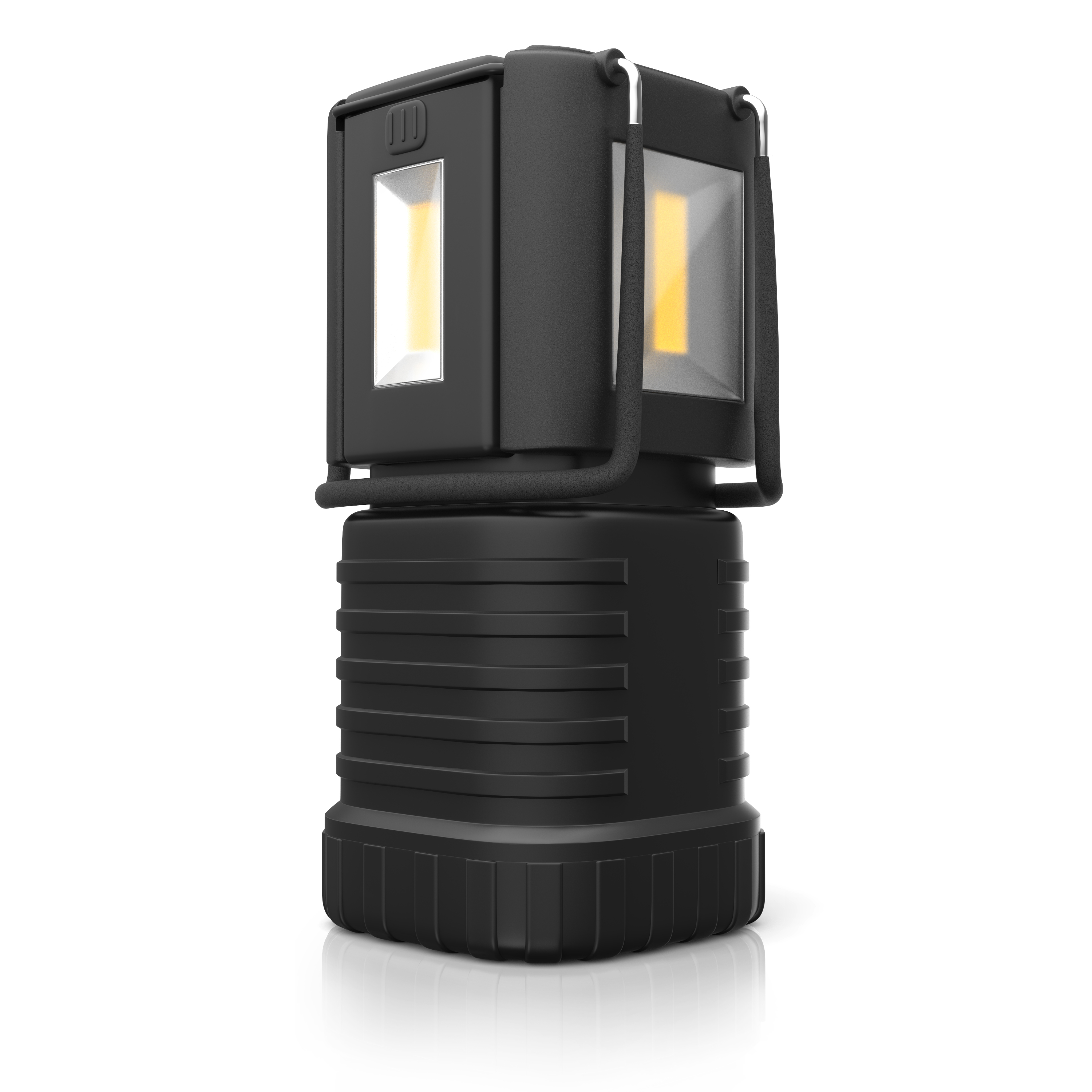 Eine schwarze Campinglampe mit zwei beleuchteten LED-Leuchten steht auf weißem Grund.