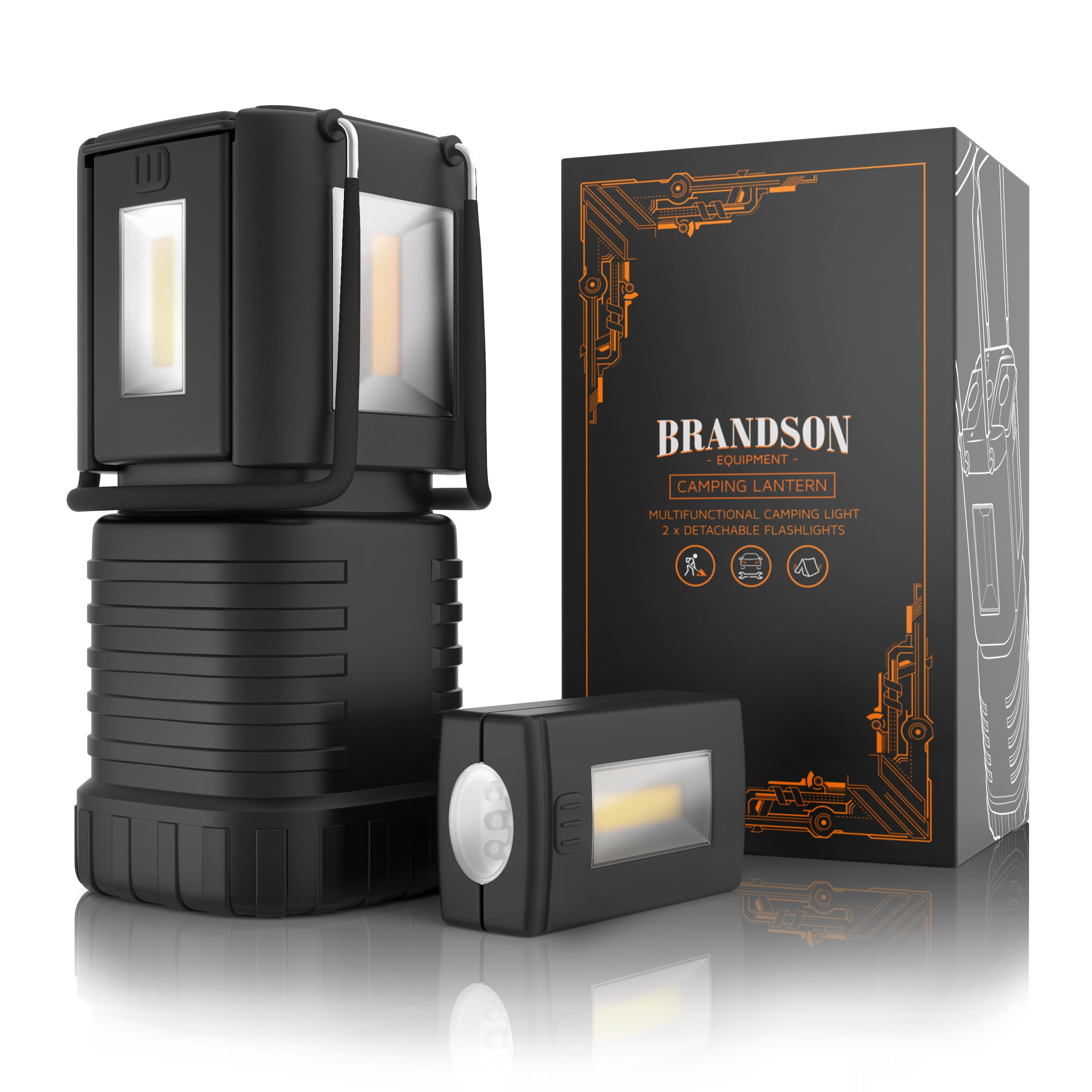 Schwarze Campinglaterne mit abnehmbarer Taschenlampe vor passender Verpackungsschachtel.
