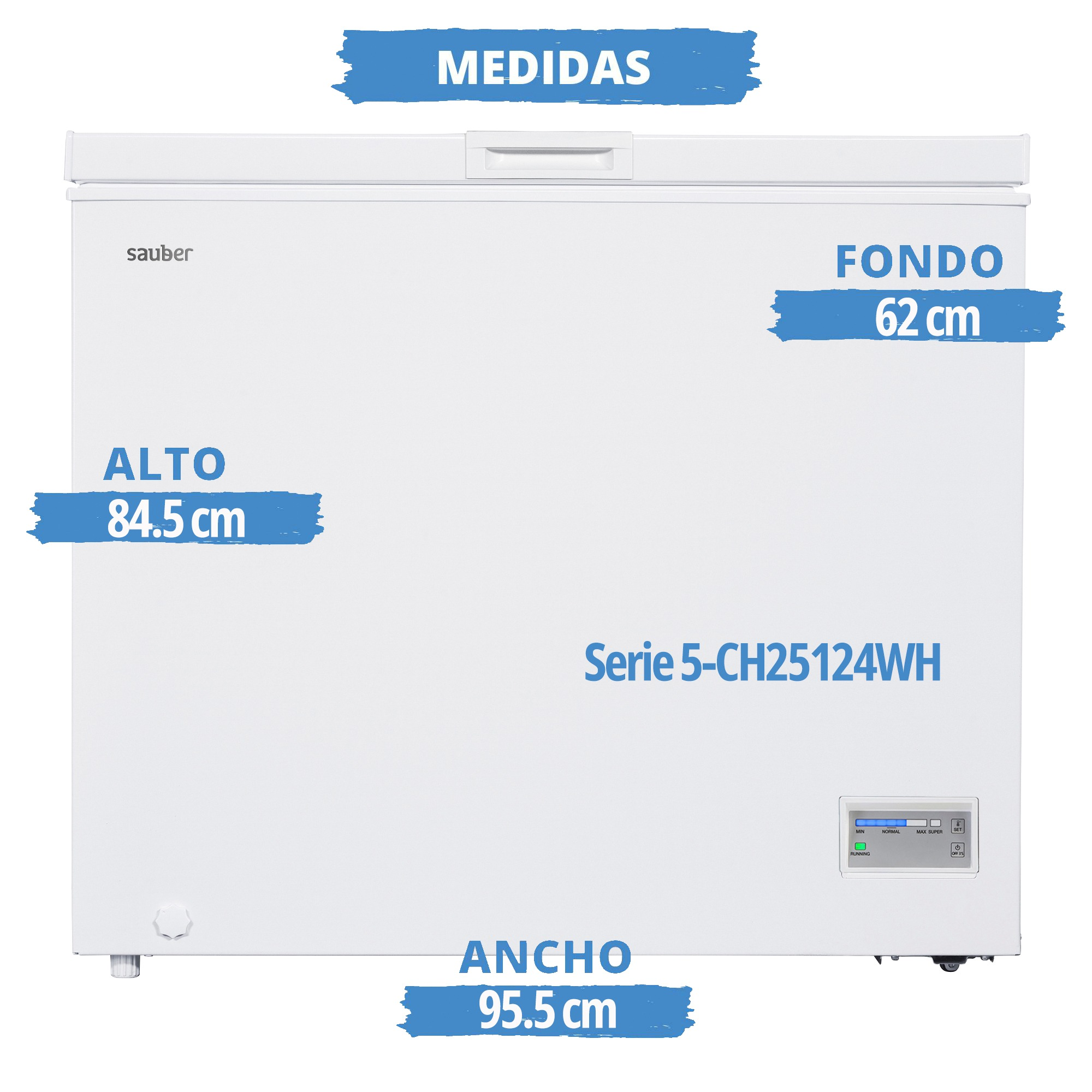 Congelador horizontal blanco Sauber con medidas: alto 84.5 cm, fondo 62 cm, ancho 95.5 cm, y panel de control.