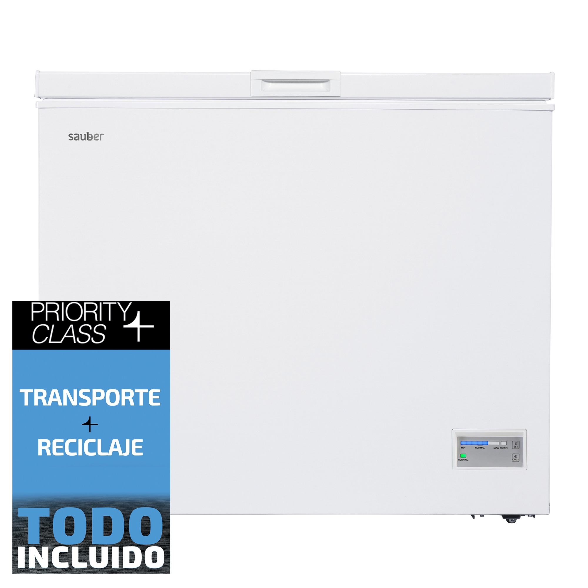 Un congelador horizontal blanco Sauber con un cartel promocional azul a la izquierda y controles digitales abajo a la derecha.