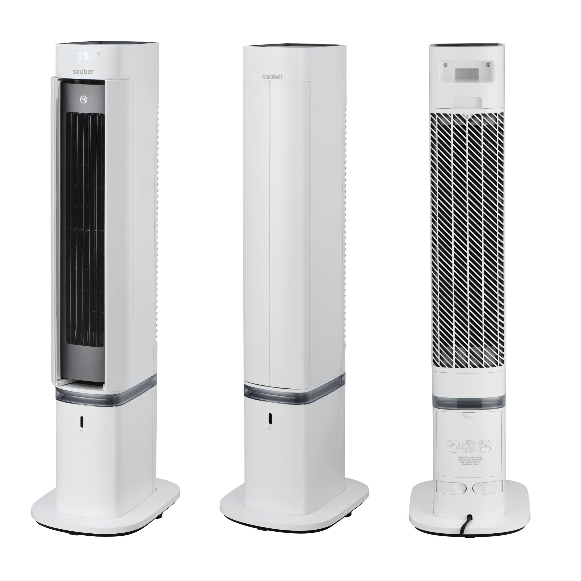 Tres vistas de un ventilador de torre Sauber blanco con depósito de agua: frente, frente cerrado y parte trasera.