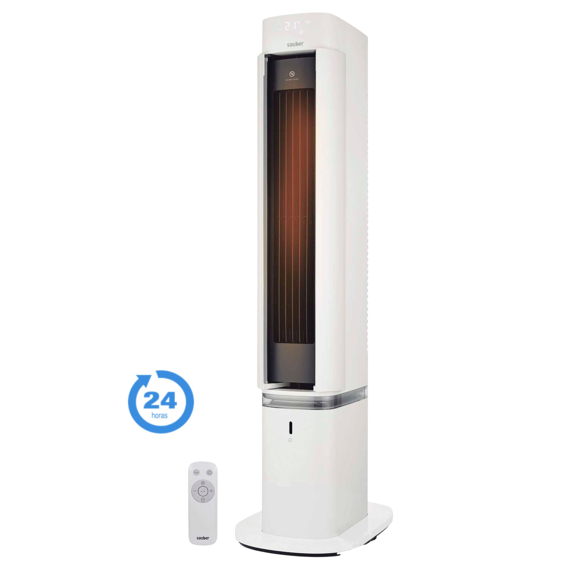 Un calefactor de torre blanco con pantalla digital, elementos de color naranja brillante, control remoto y icono de 24 horas.