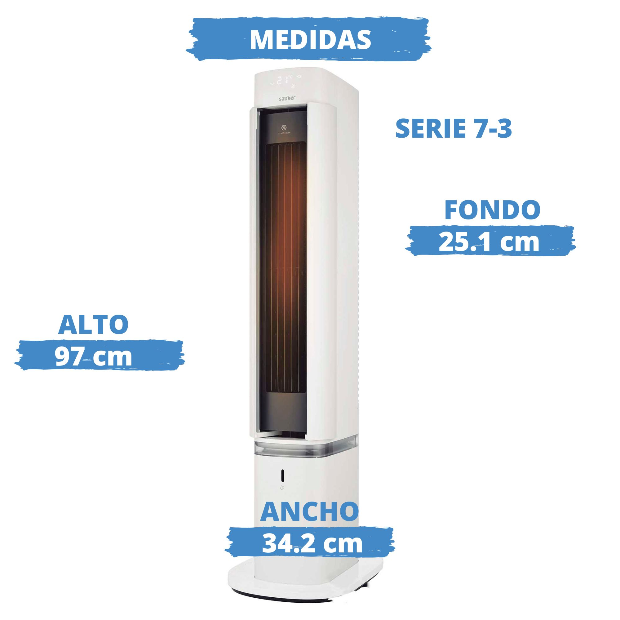 Calefactor de torre Sauber blanco con pantalla digital, medidas: alto 97 cm, ancho 34,2 cm, fondo 25,1 cm.