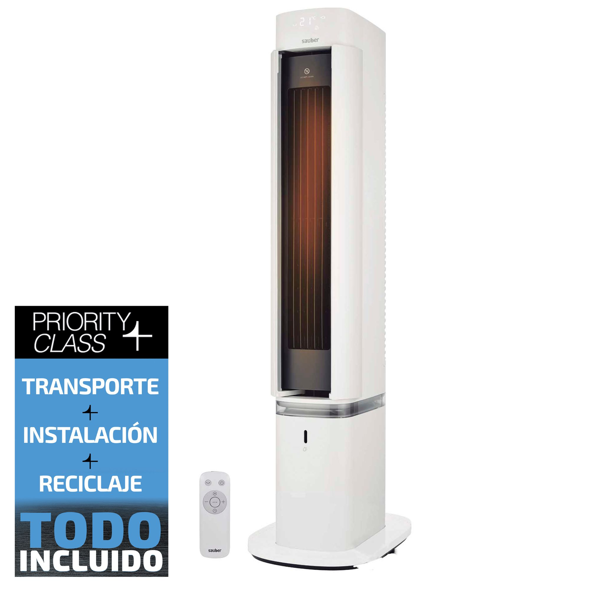 Un calefactor de torre blanco con control remoto, pantalla digital y texto promocional a la izquierda.