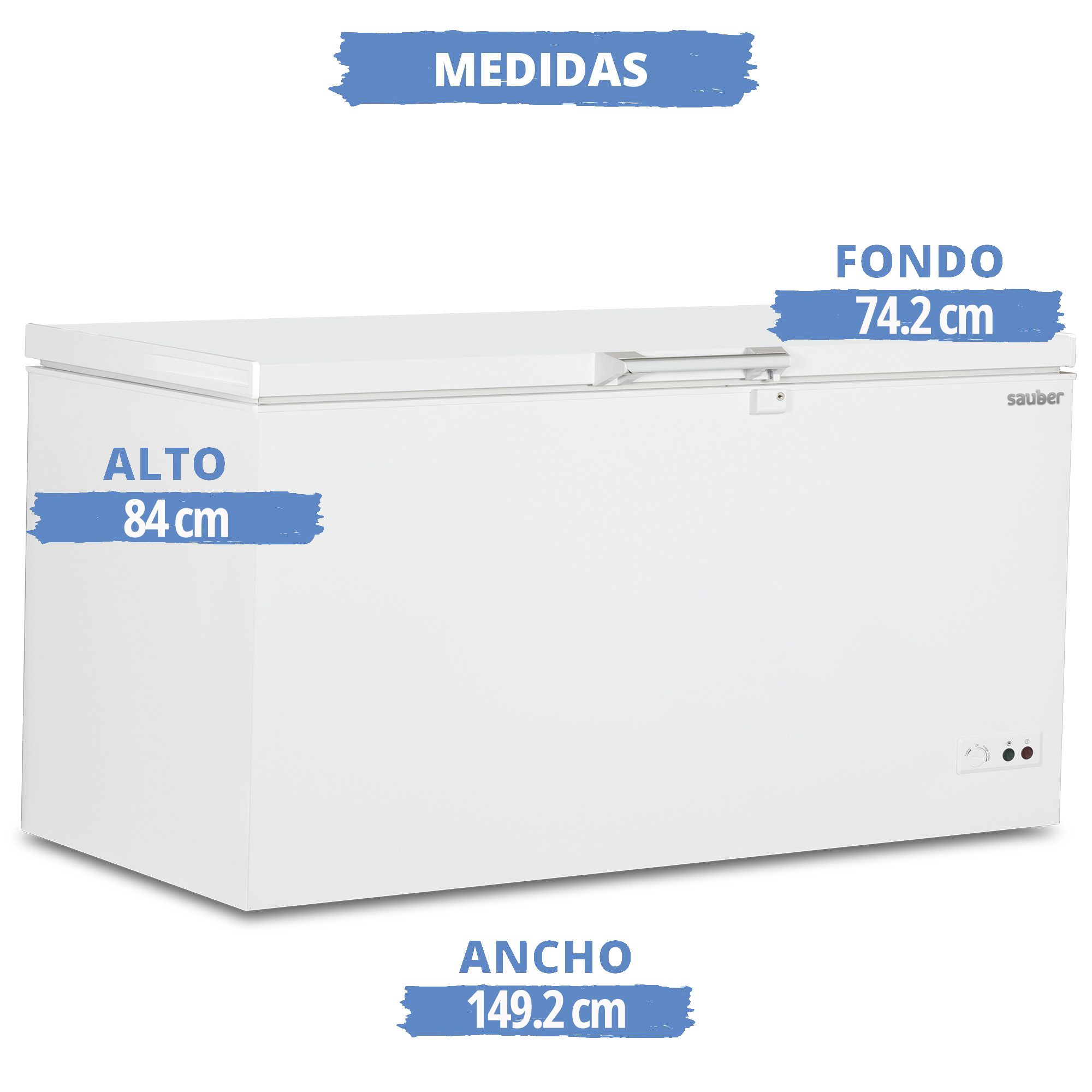 Congelador horizontal blanco con medidas en azul: alto 84cm, ancho 149.2cm, fondo 74.2cm.