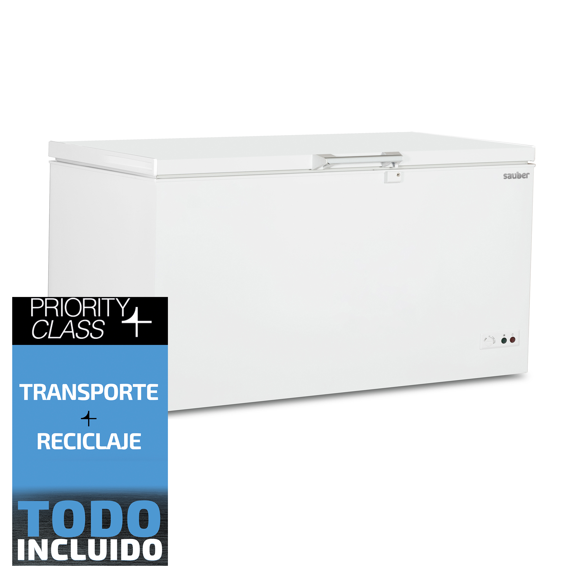 Congelador horizontal blanco con un cartel promocional azul a la izquierda sobre fondo blanco.