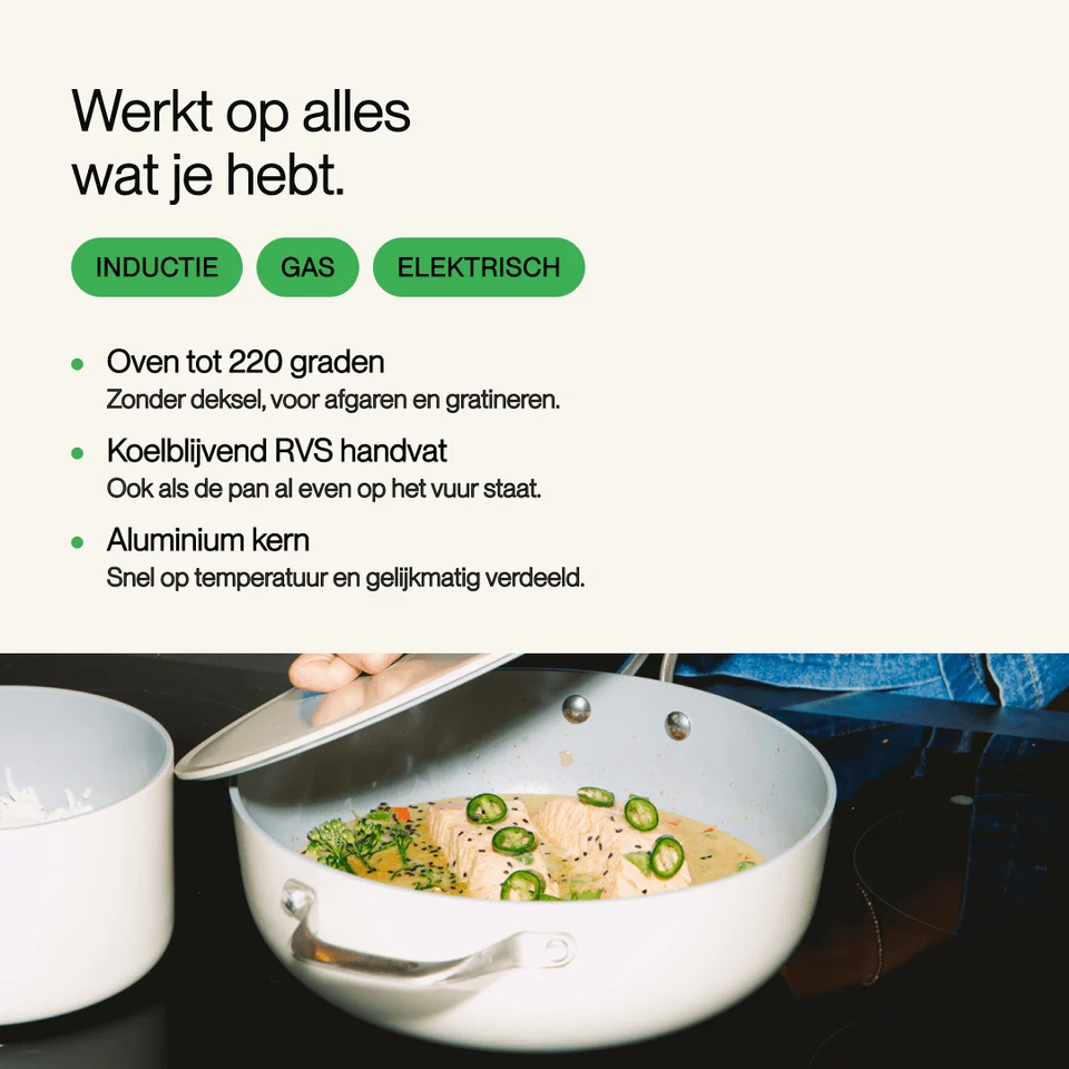 Product ad with stove compatibility text and a pan showing a salmon dish.