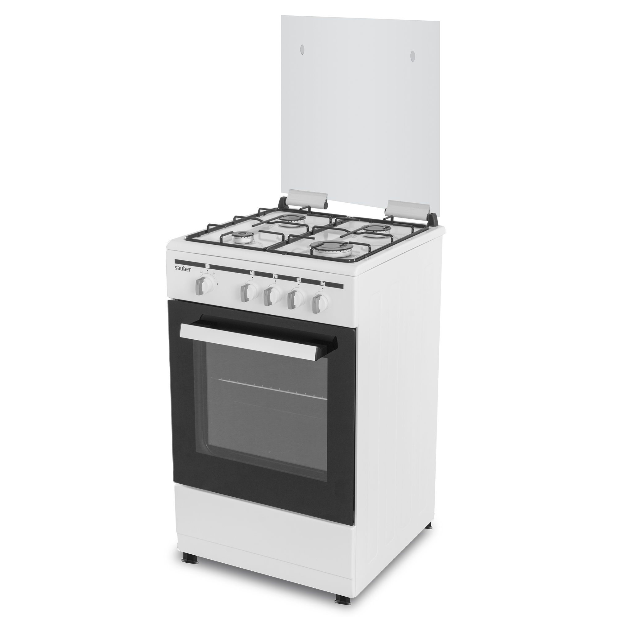 Una cocina de gas independiente blanca con cuatro quemadores, mandos, puerta de horno con cristal y tapa vertical.