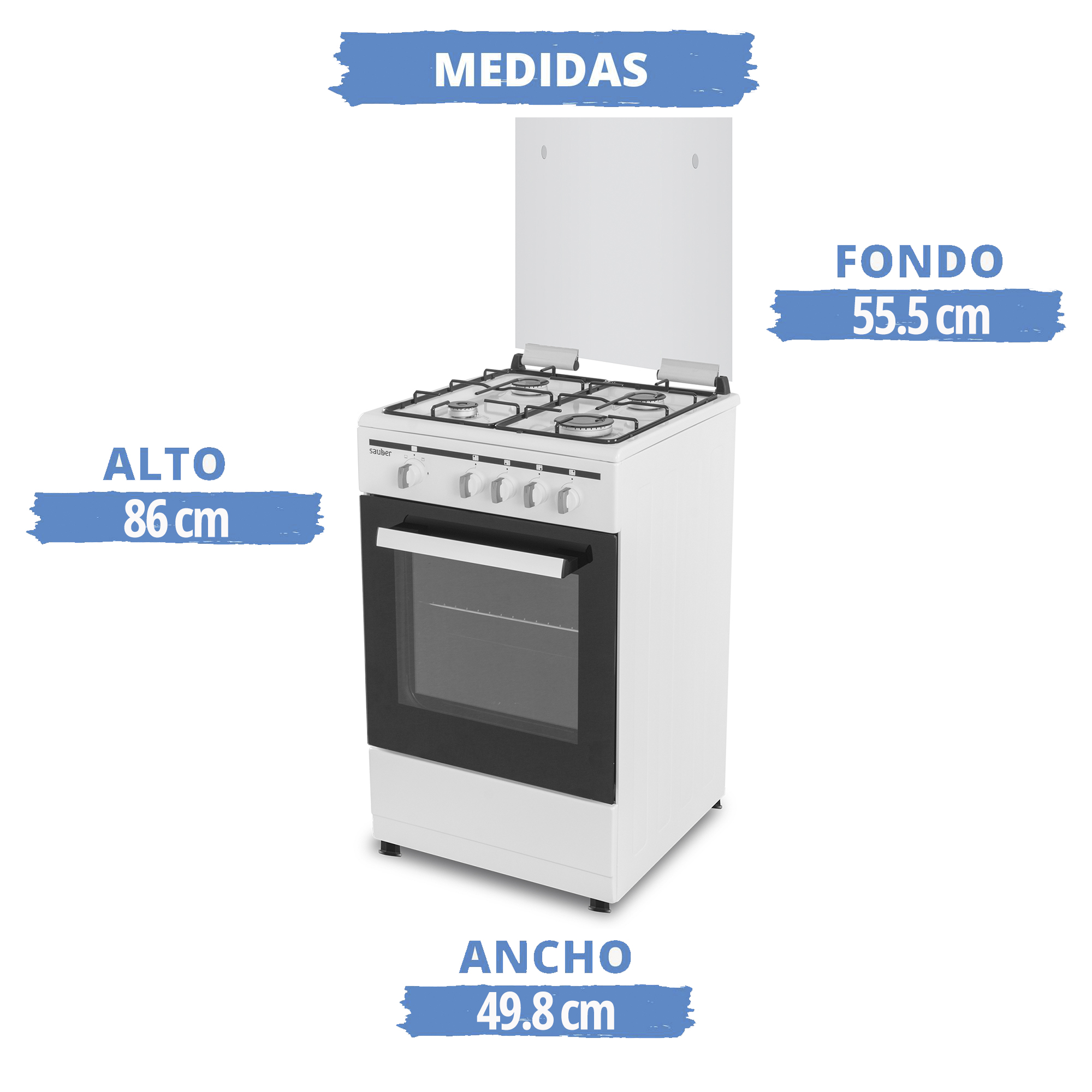 Cocina de gas blanca con horno y etiquetas de medidas indicando alto, ancho y fondo.