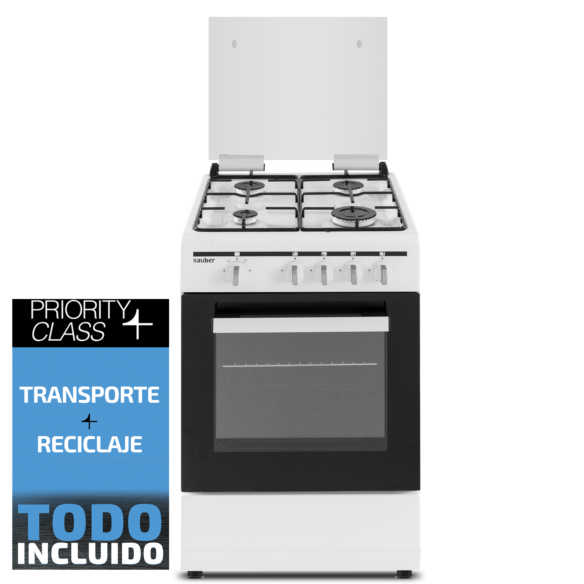 Una estufa de gas Sauber blanca con horno negro y cuatro quemadores, acompañada de un cartel publicitario.