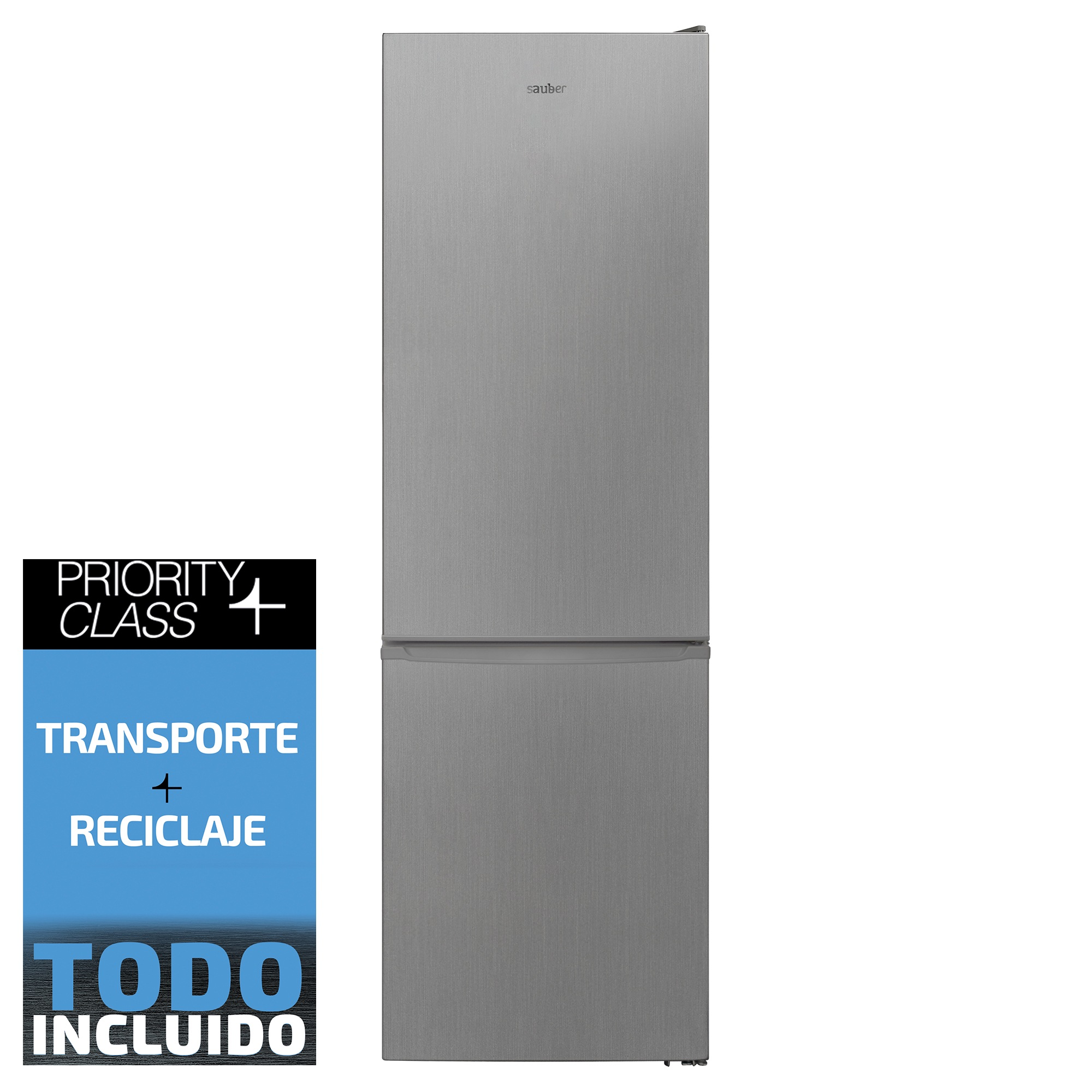 Un frigorífico Sauber plateado con una etiqueta promocional que incluye clase prioritaria, transporte y reciclaje.