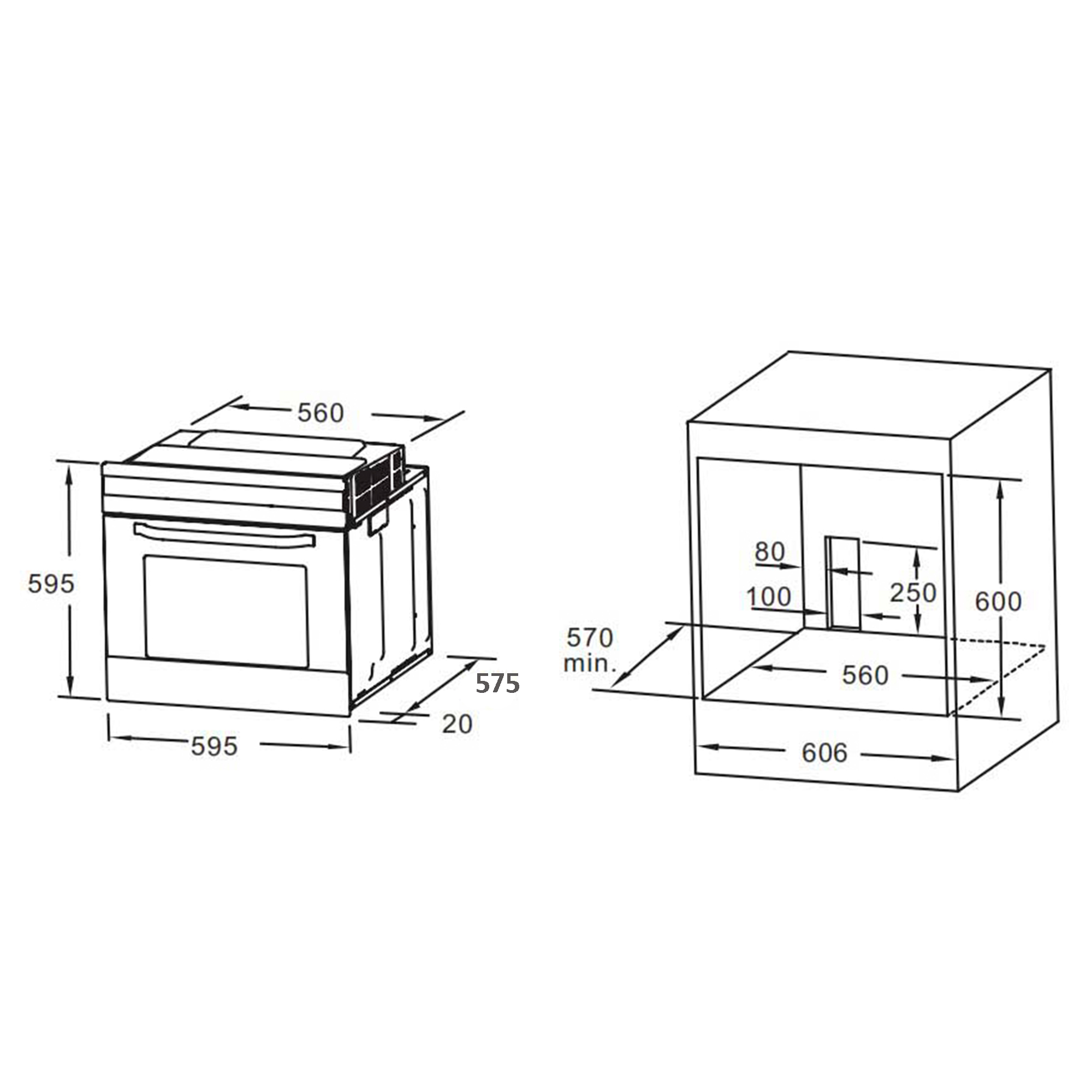 Dibujo técnico que muestra las dimensiones de instalación de un horno y su mueble.