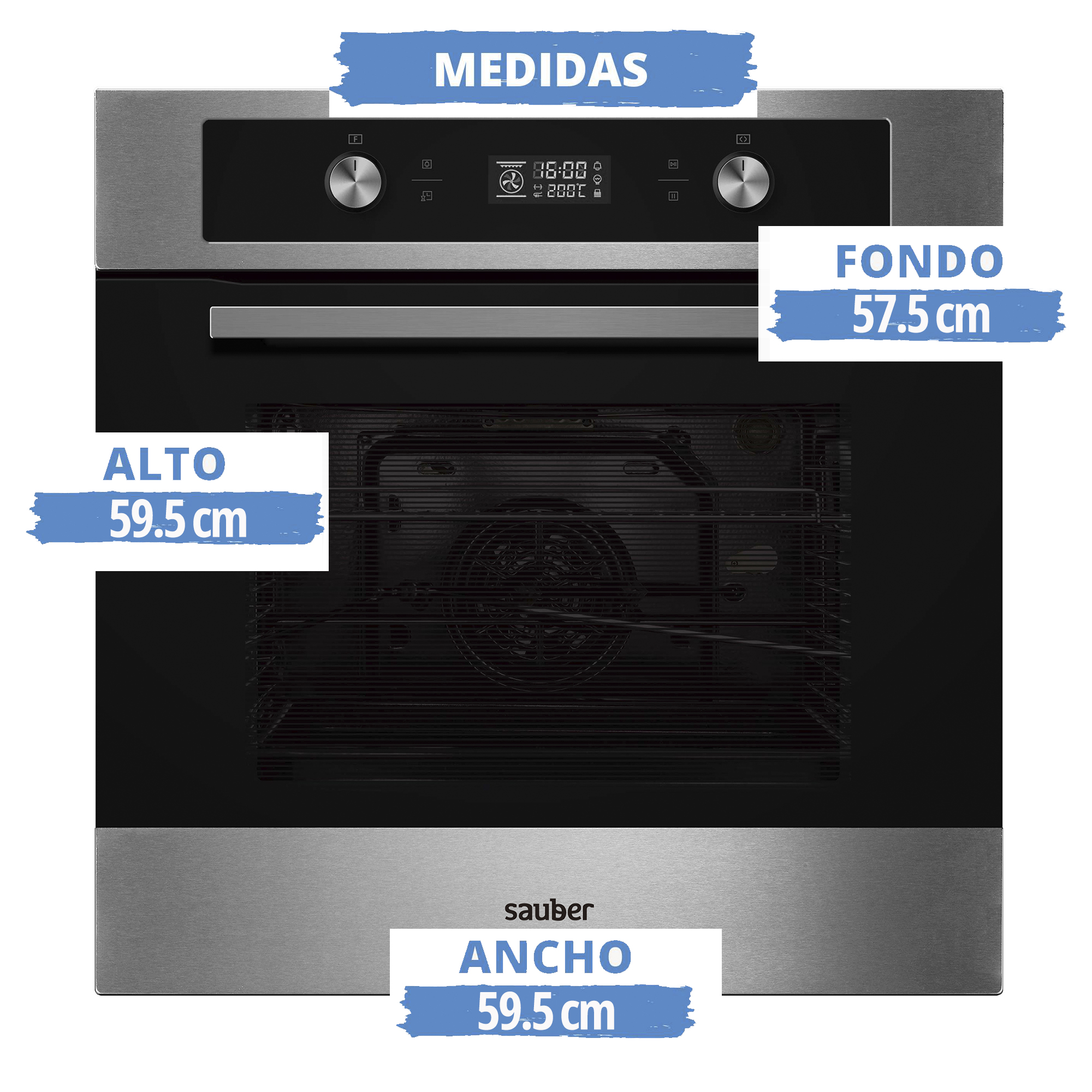 Horno empotrable de acero inoxidable con controles digitales y medidas de alto, ancho y fondo.