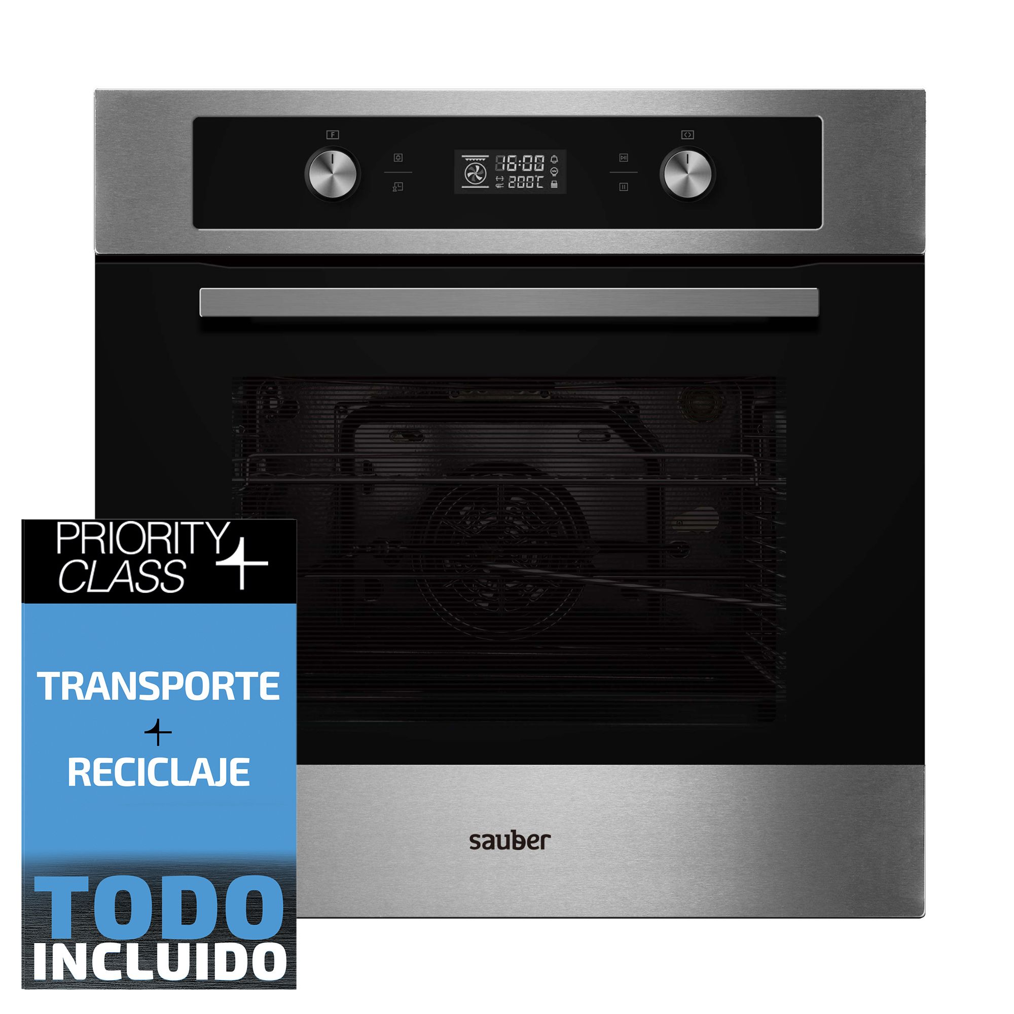 Horno de acero inoxidable con pantalla digital, cristal negro y un banner publicitario azul a la izquierda.