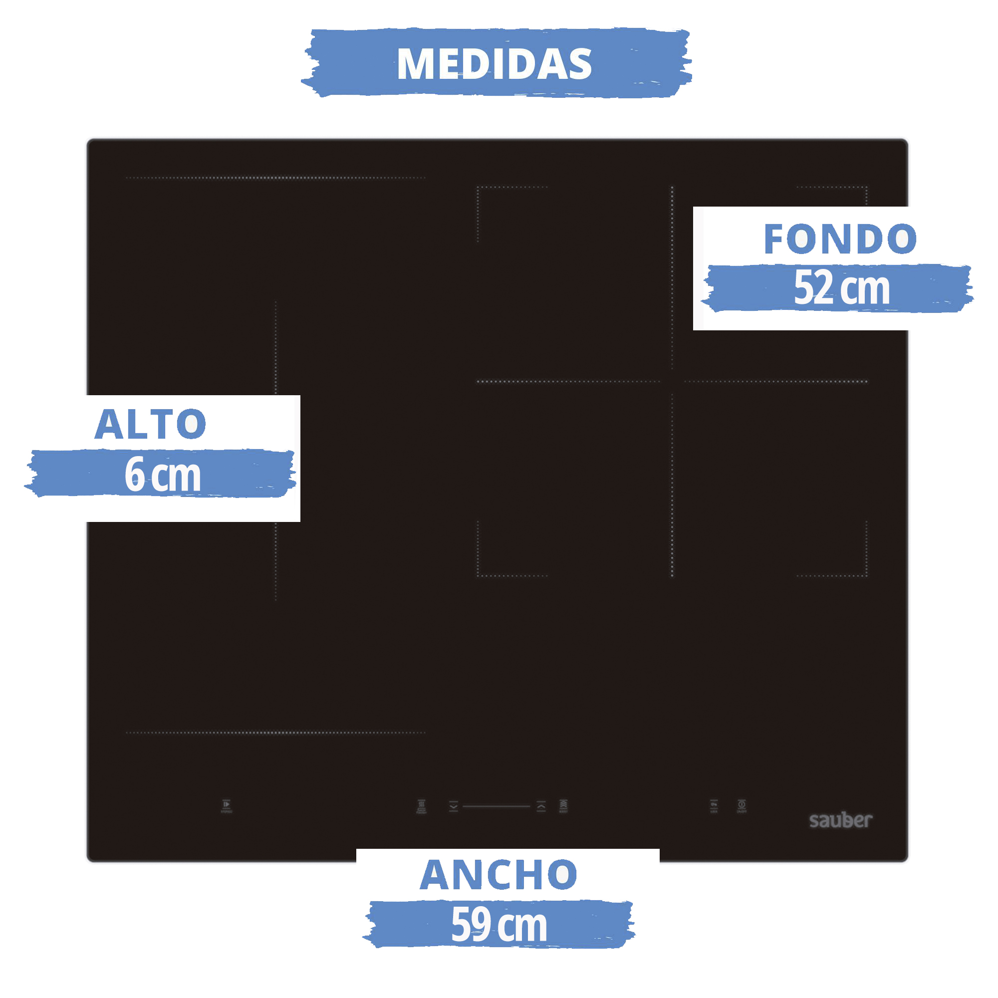 Placa de inducción negra con medidas: alto 6 cm, ancho 59 cm, fondo 52 cm.