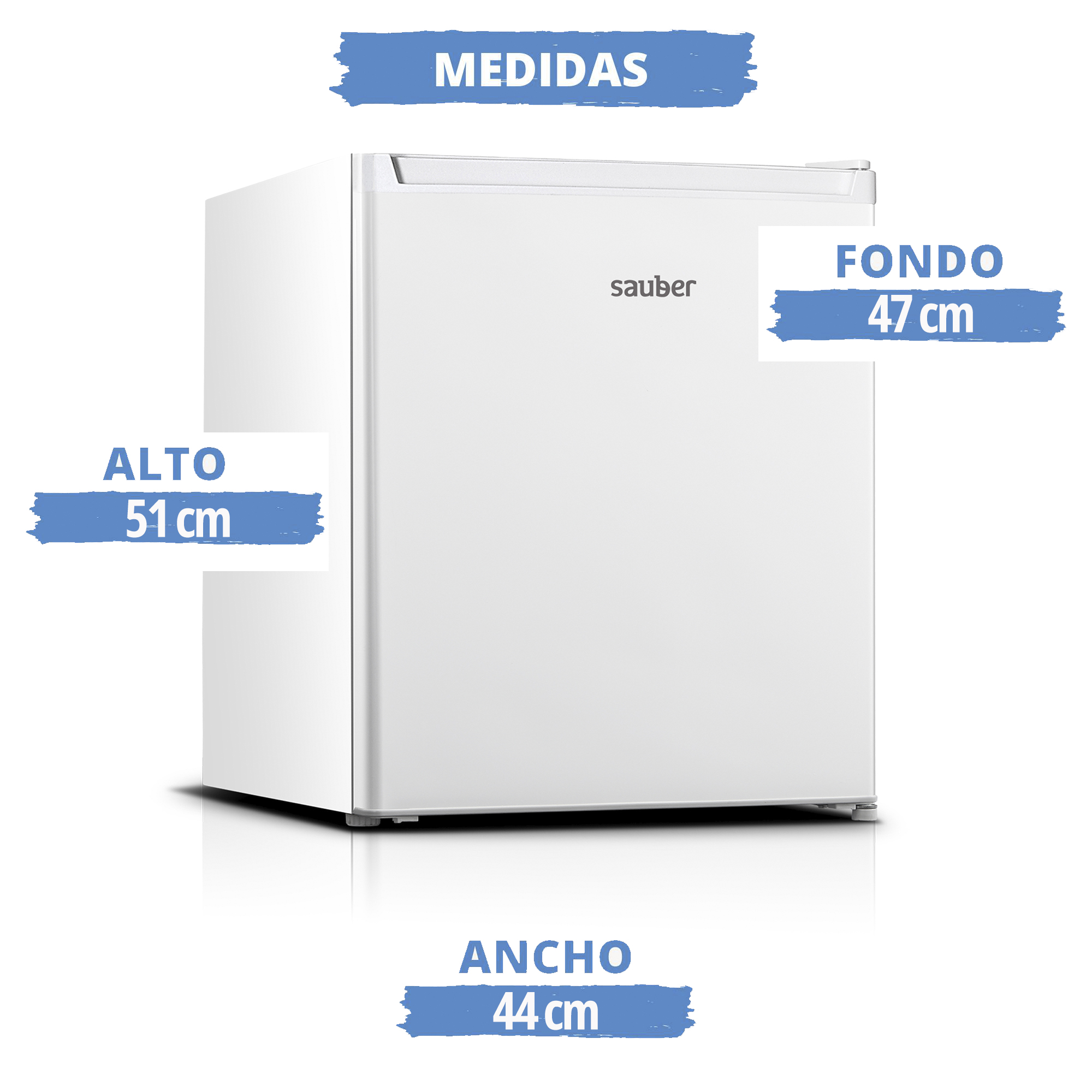Pequeño frigorífico blanco Sauber con indicadores de medidas de alto, ancho y fondo sobre fondo blanco.