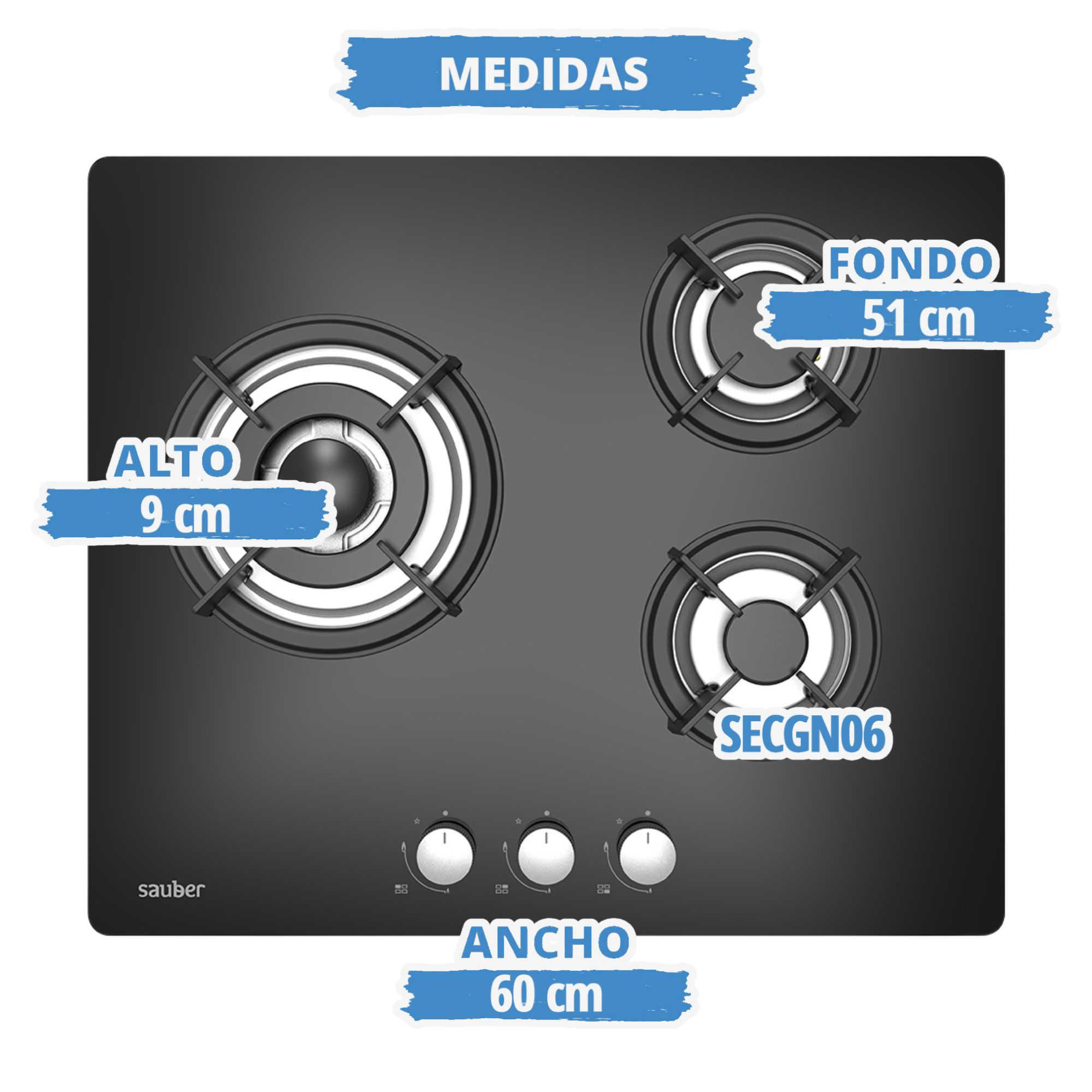 Placa de gas Sauber negra con tres quemadores y etiquetas de dimensiones en cm.