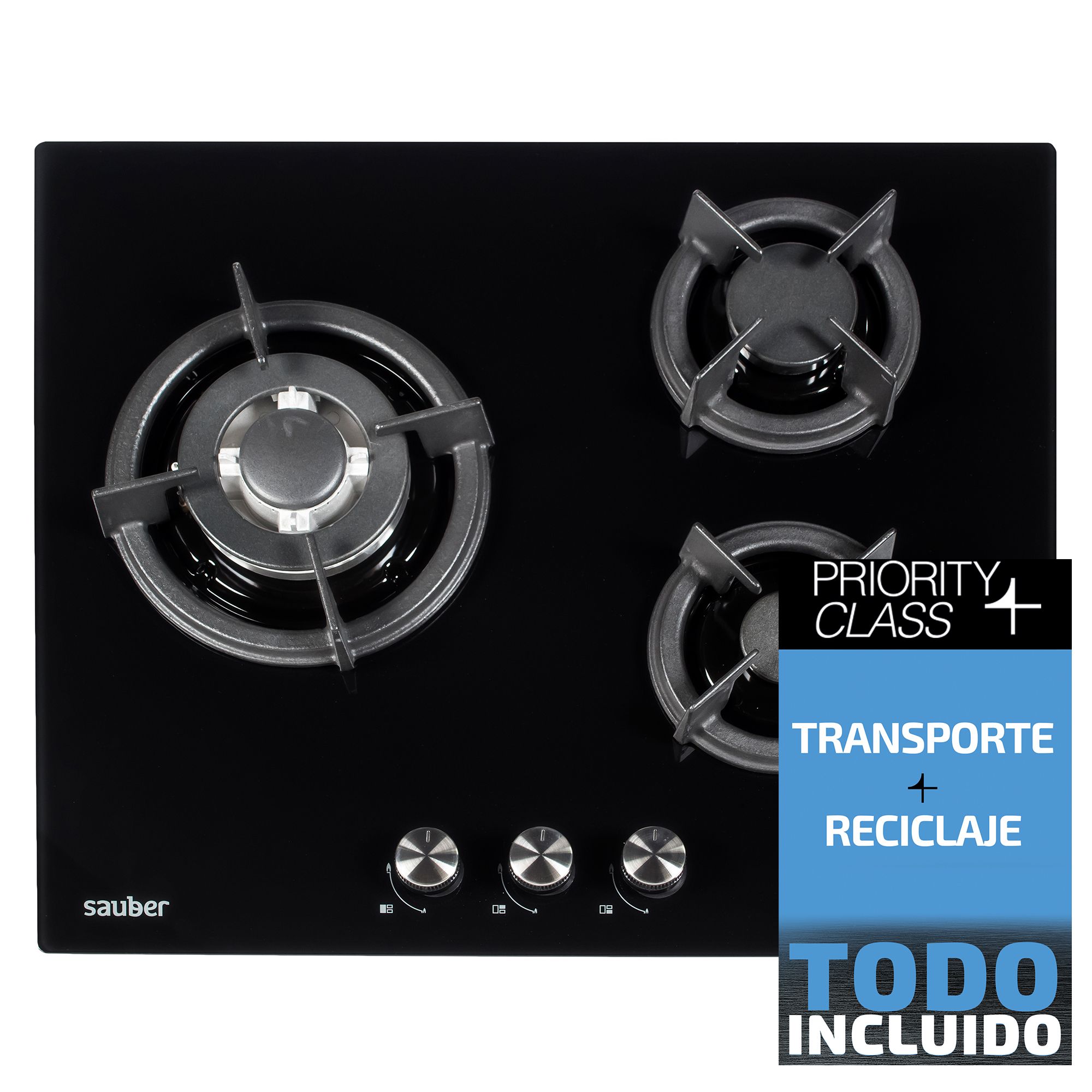 Una encimera de gas de cristal negro con tres quemadores y tres mandos plateados.