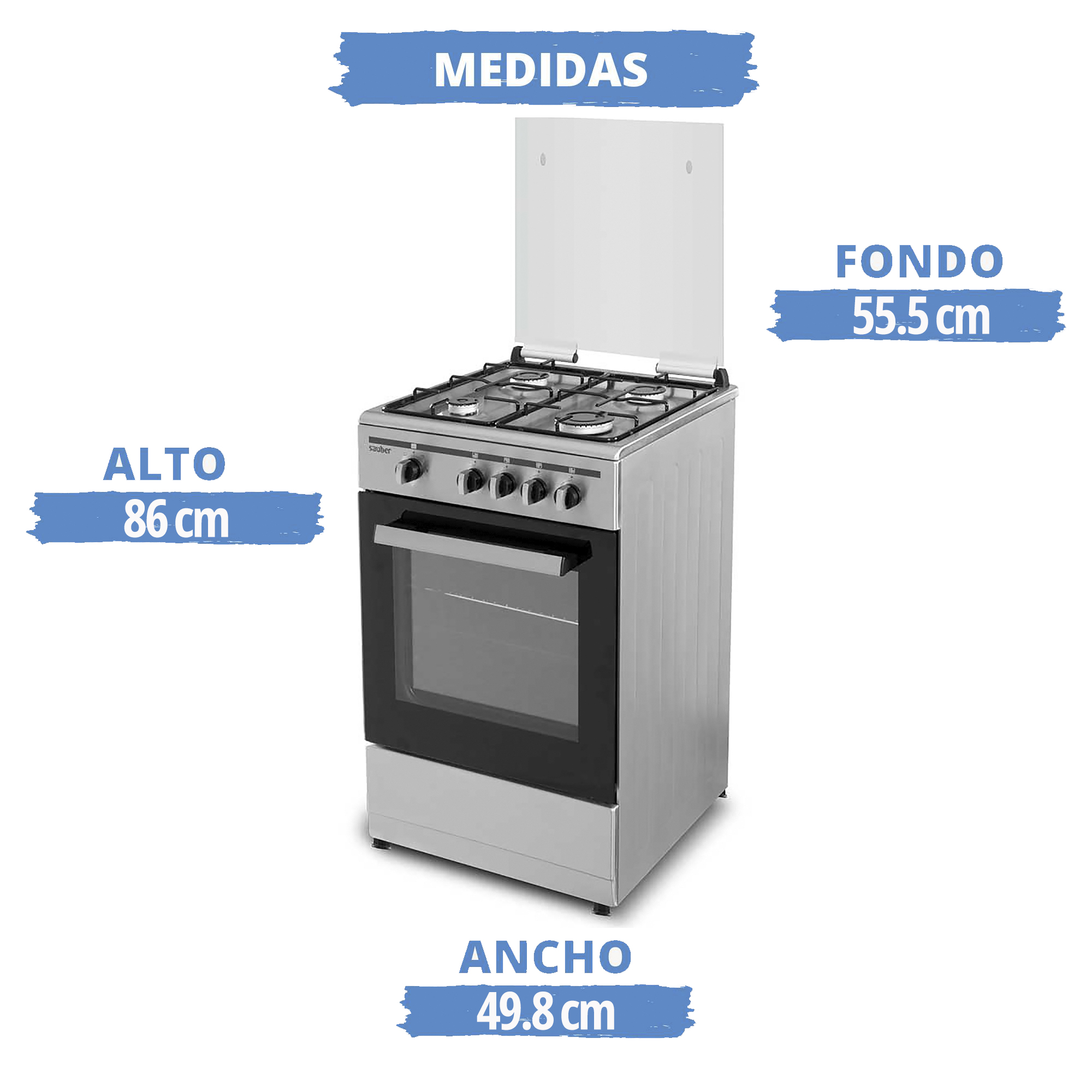 Cocina de gas plateada con cuatro quemadores y dimensiones: 86 cm de alto, 49,8 cm de ancho, 55,5 cm de fondo.