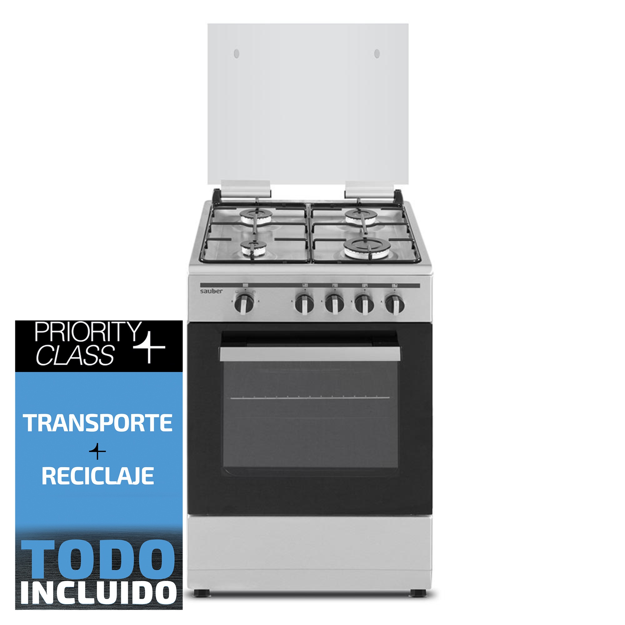 Una cocina de gas plateada con cuatro quemadores, mandos, puerta de horno y tapa de cristal sobre fondo blanco.