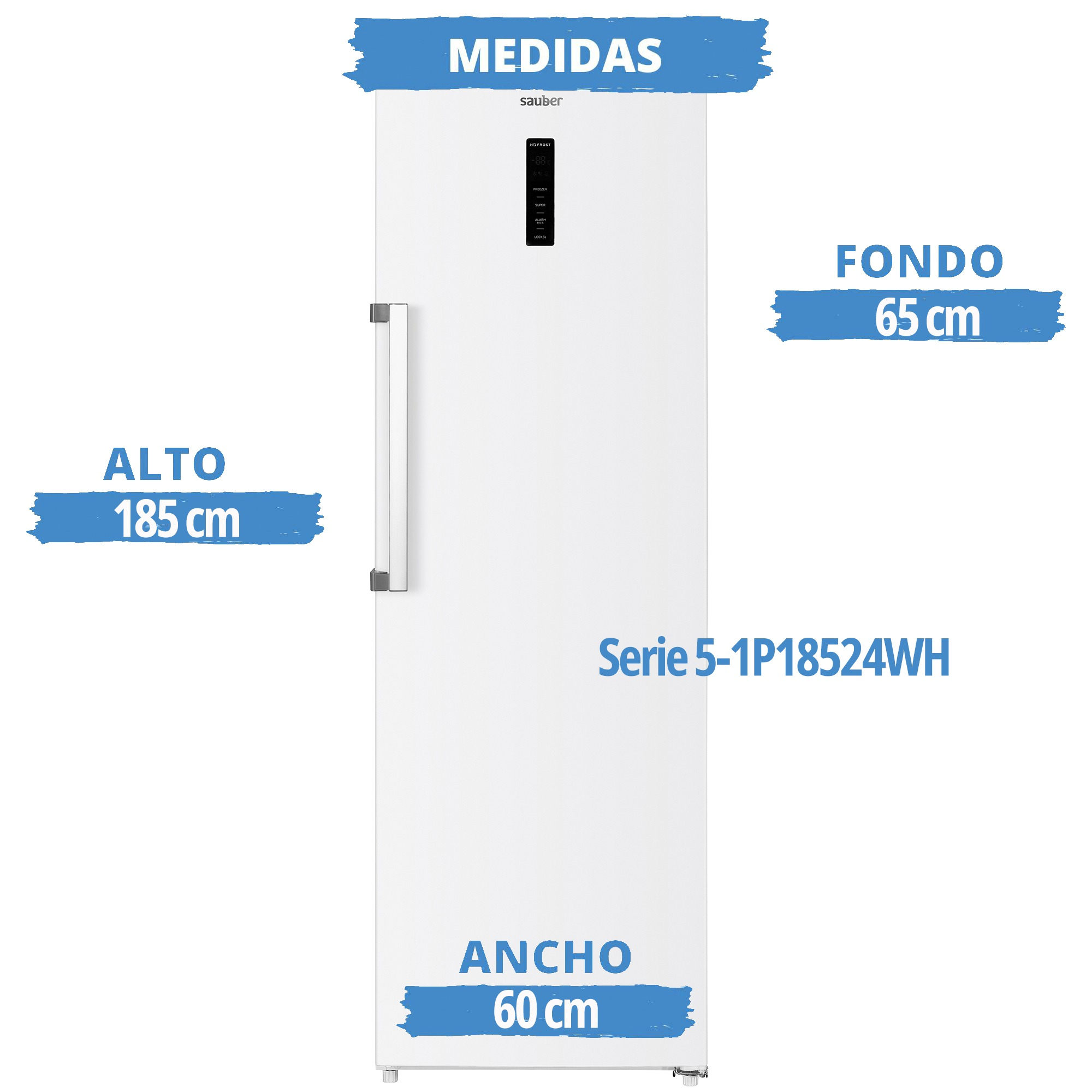 Congelador vertical blanco Sauber con dimensiones: alto 185 cm, ancho 60 cm, fondo 65 cm.