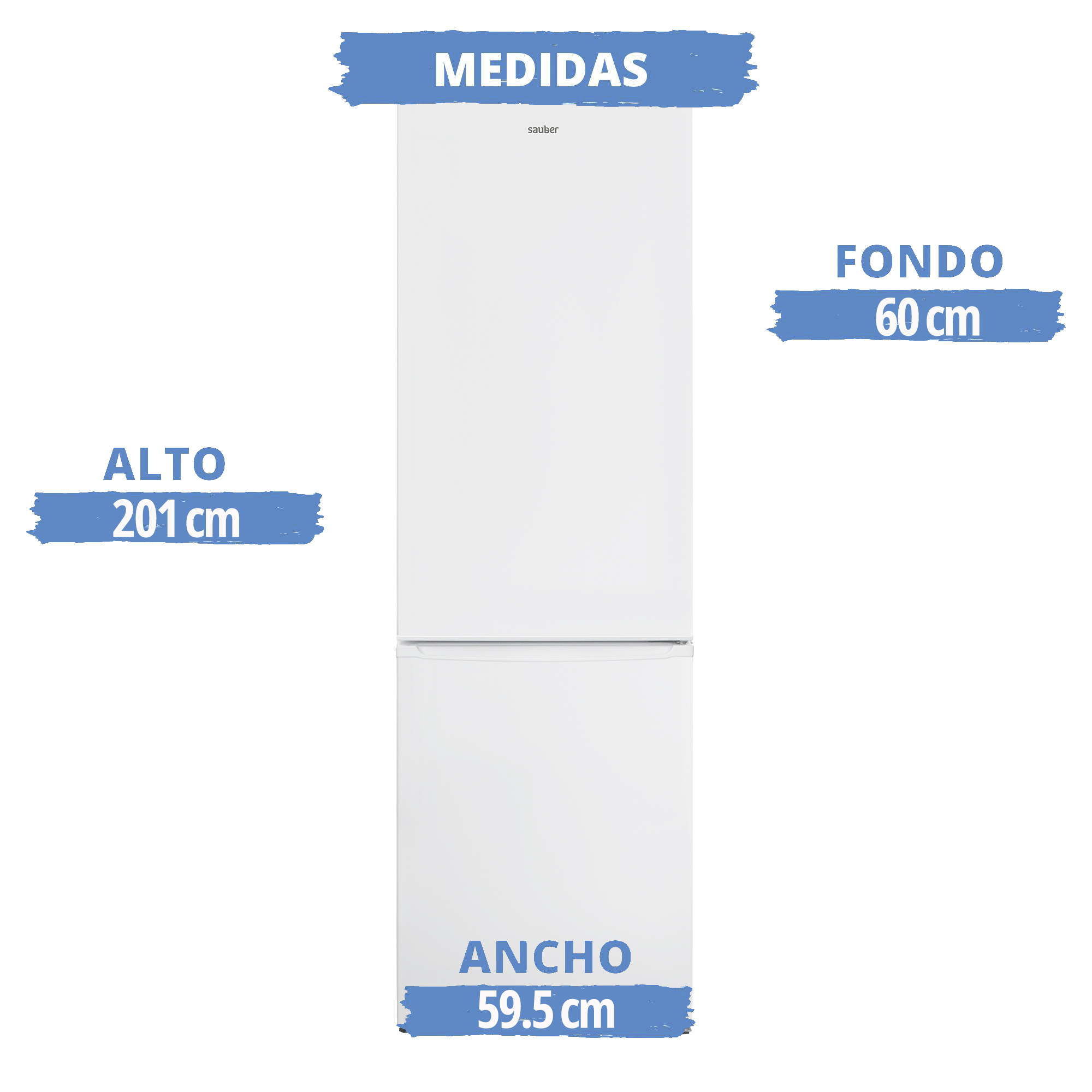 Frigorífico blanco con medidas mostradas: alto 201 cm, fondo 60 cm y ancho 59,5 cm.
