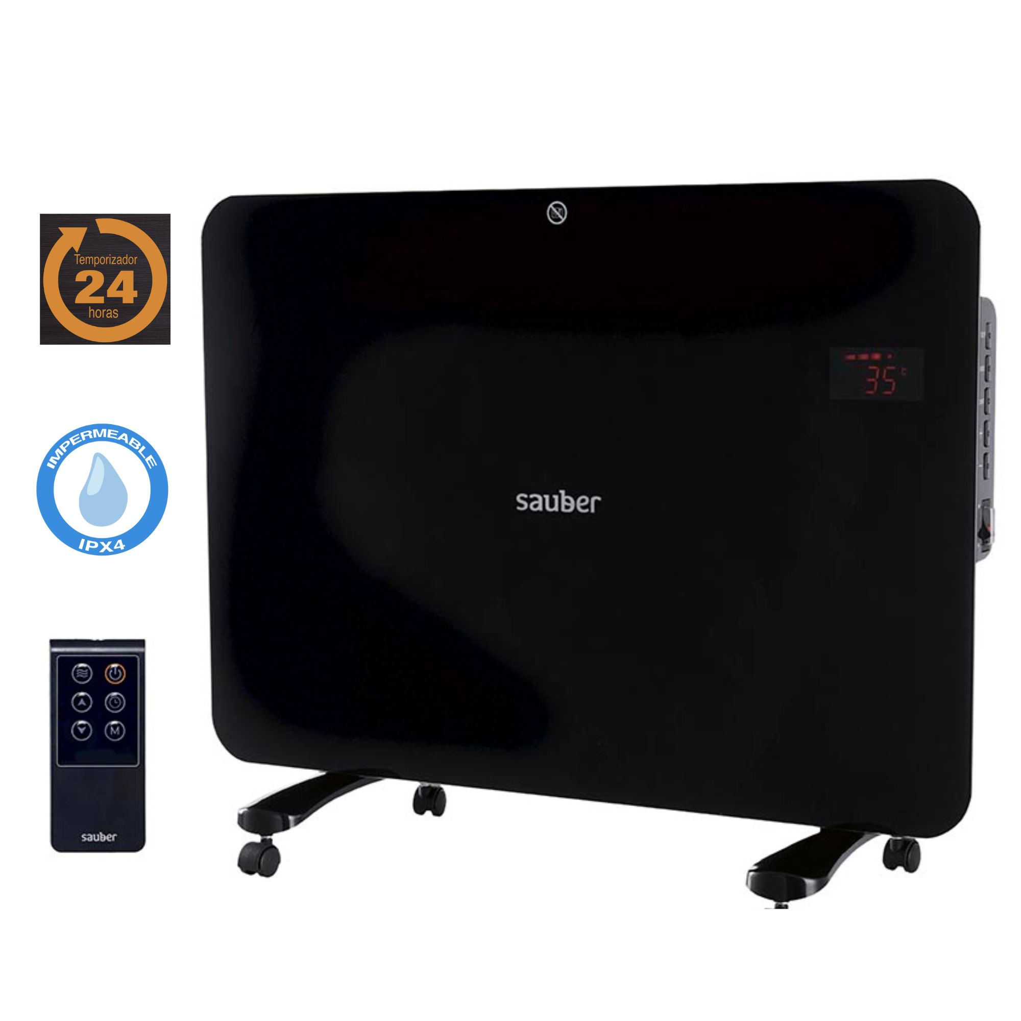Calefactor negro Sauber con pantalla, ruedas, mando, temporizador 24h y resistencia al agua IPX4.