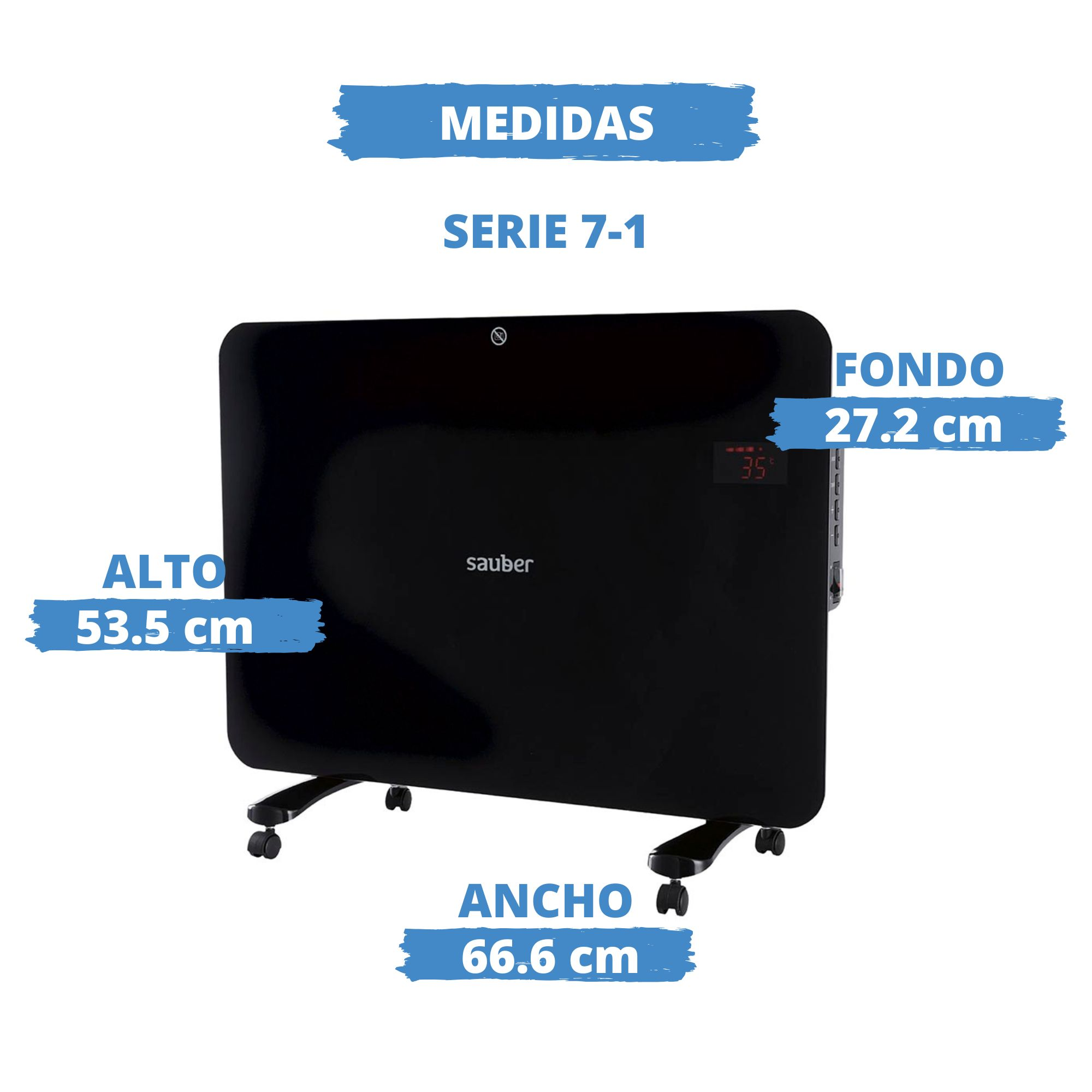 Calefactor negro con medidas: alto 53.5 cm, ancho 66.6 cm, fondo 27.2 cm.