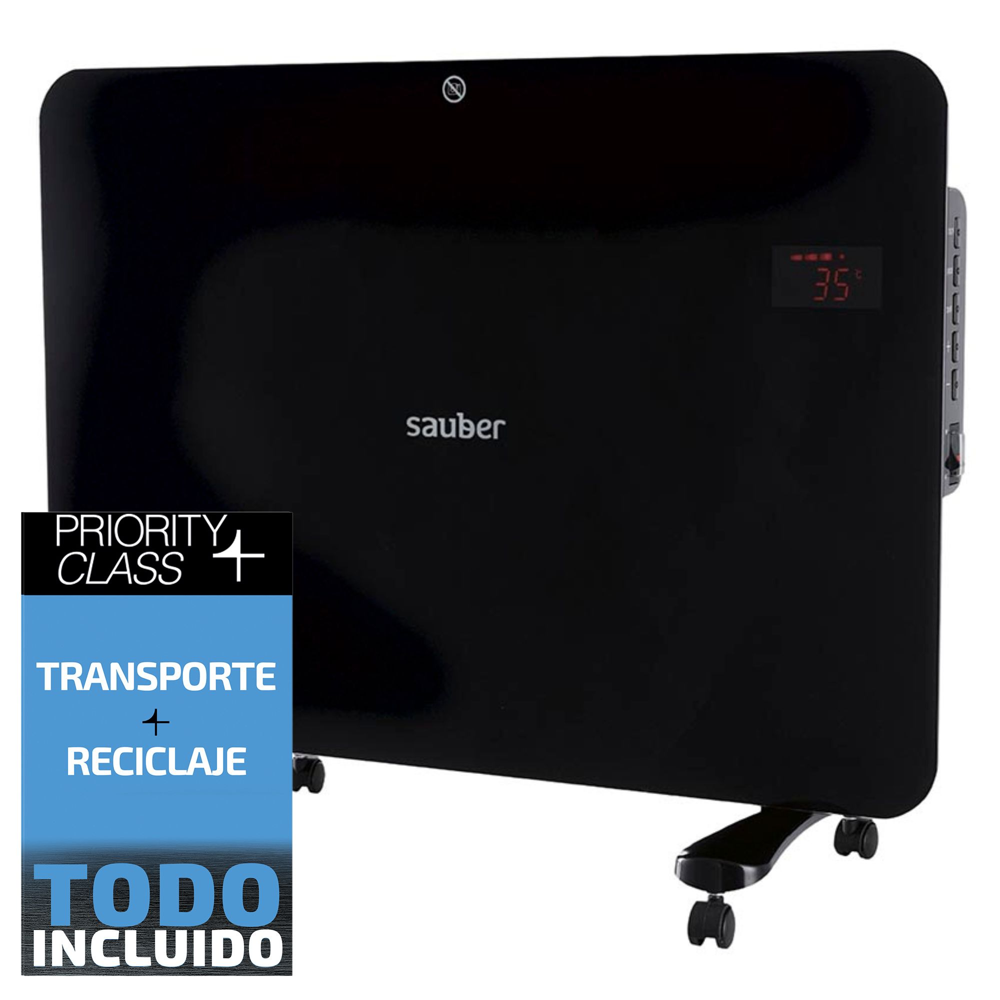 Calefactor de panel de vidrio negro Sauber con ruedas y pantalla digital sobre fondo blanco.