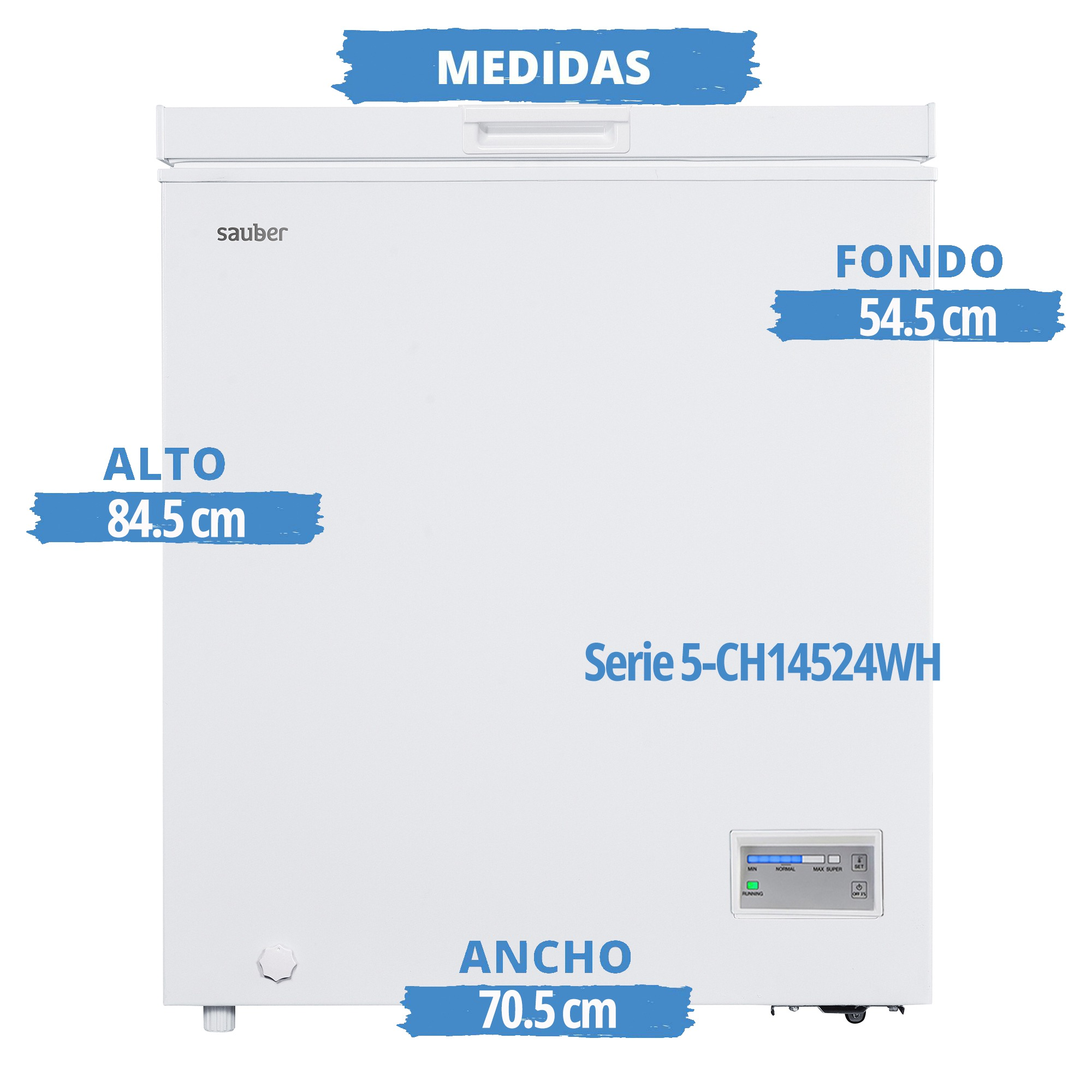 Cofre congelador blanco Sauber con dimensiones: alto 84,5 cm, ancho 70,5 cm, fondo 54,5 cm.