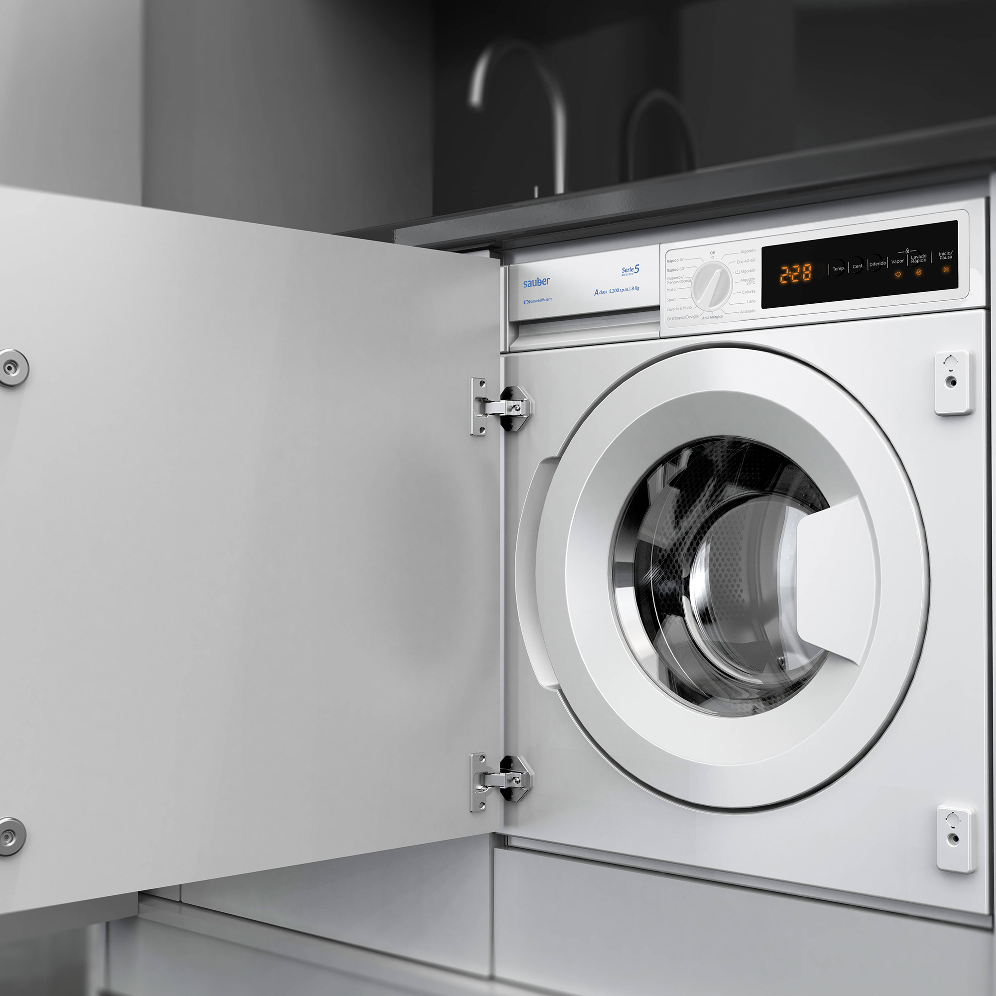 Una lavadora blanca con la puerta del armario abierta está en una cocina moderna con un grifo al fondo.