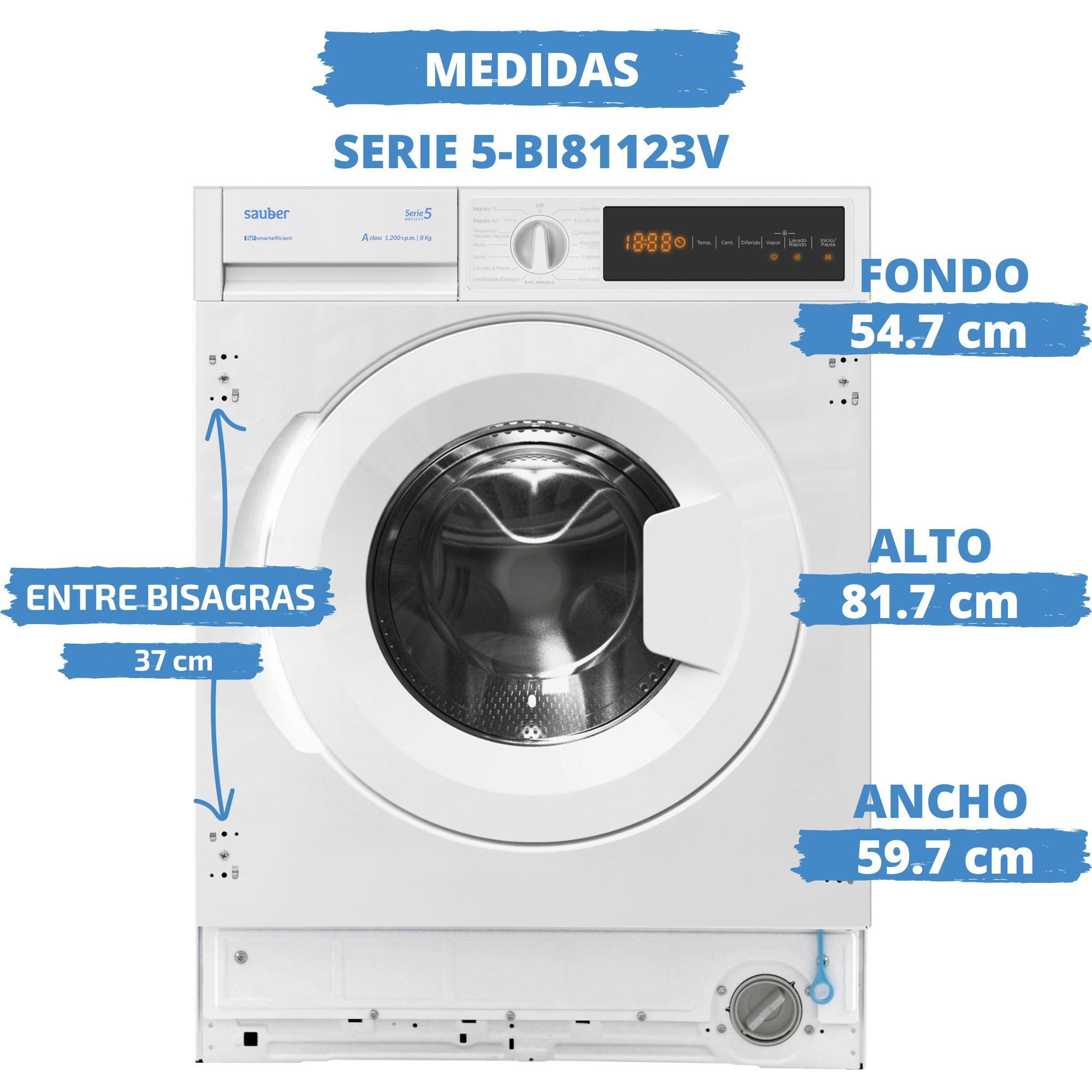 Diagrama técnico de la lavadora Sauber Serie 5-BI81123V con medidas de alto, ancho, fondo y distancia entre bisagras.