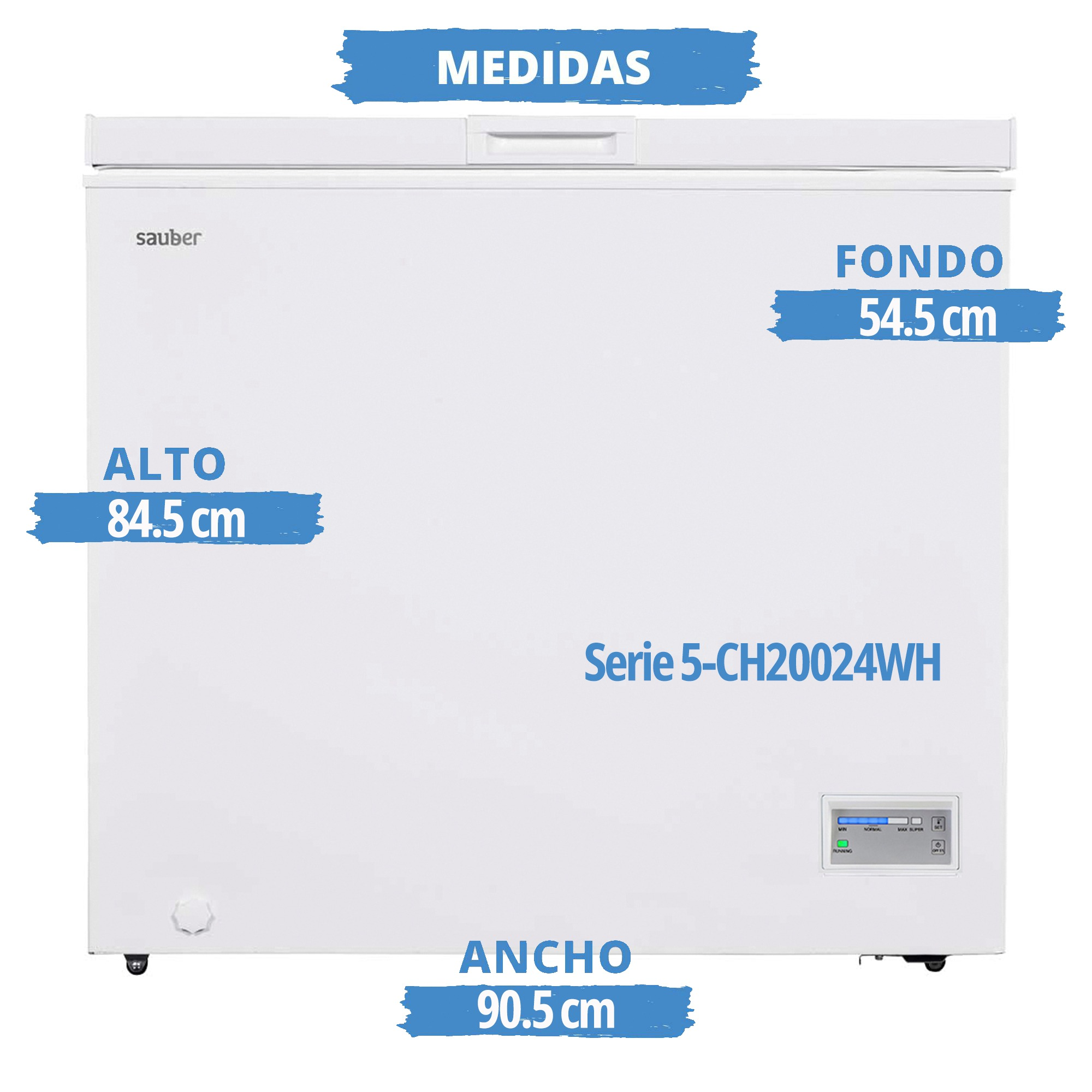 Congelador horizontal blanco Sauber con medidas y modelo Serie 5-CH20024WH sobre fondo blanco.