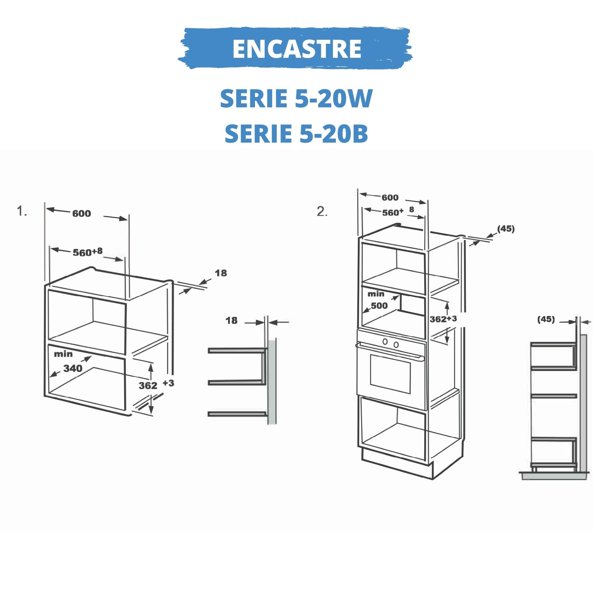 Dibujo técnico con medidas de instalación para muebles de horno Serie 5-20W y 5-20B.