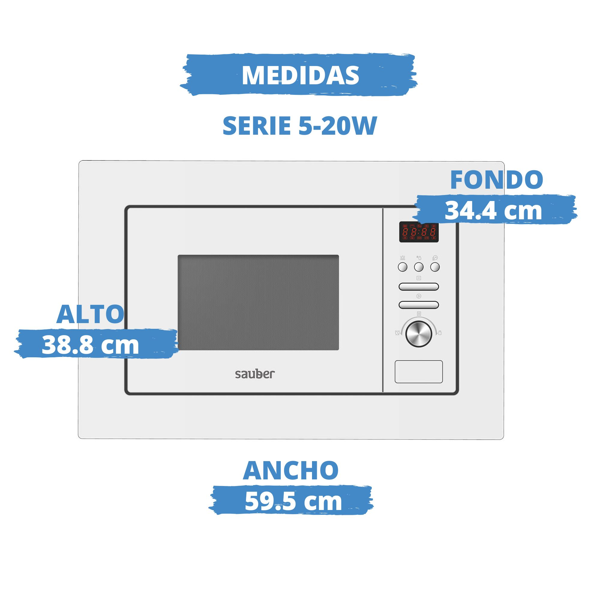 Dibujo técnico de un microondas blanco Serie 5-20W con medidas de alto, ancho y fondo.