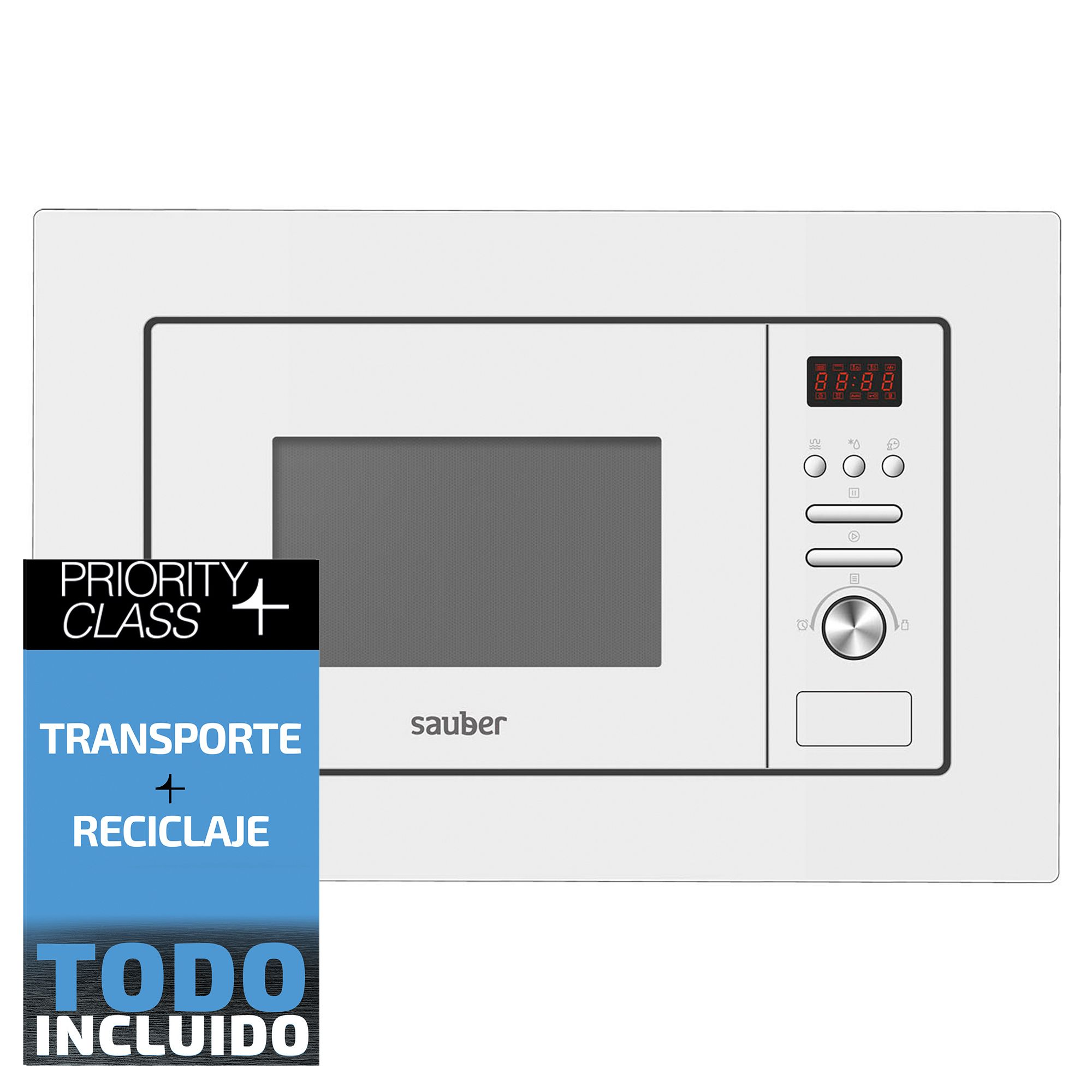 Microondas empotrable blanco con pantalla digital y botones de control, frente a un cartel promocional azul y negro.