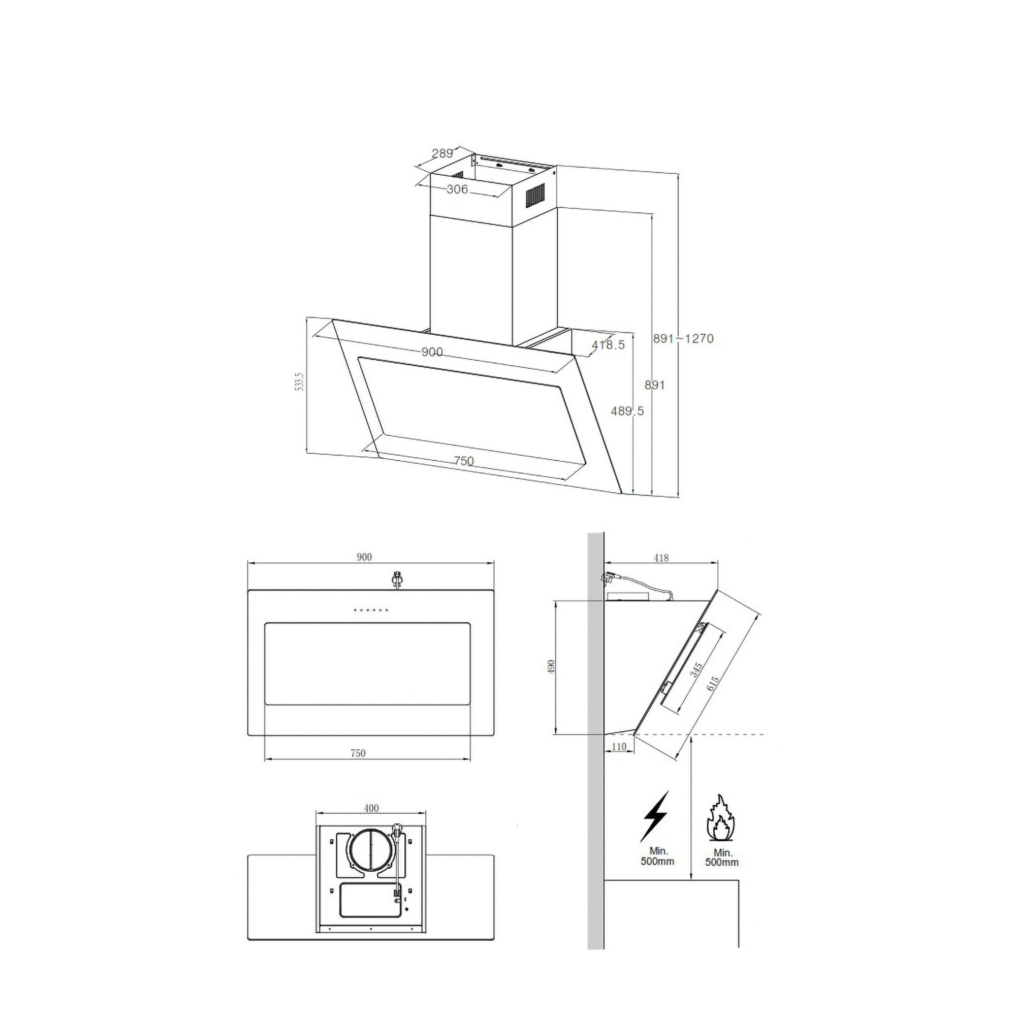 Dibujo técnico de una campana extractora de cocina con dimensiones desde varios ángulos.