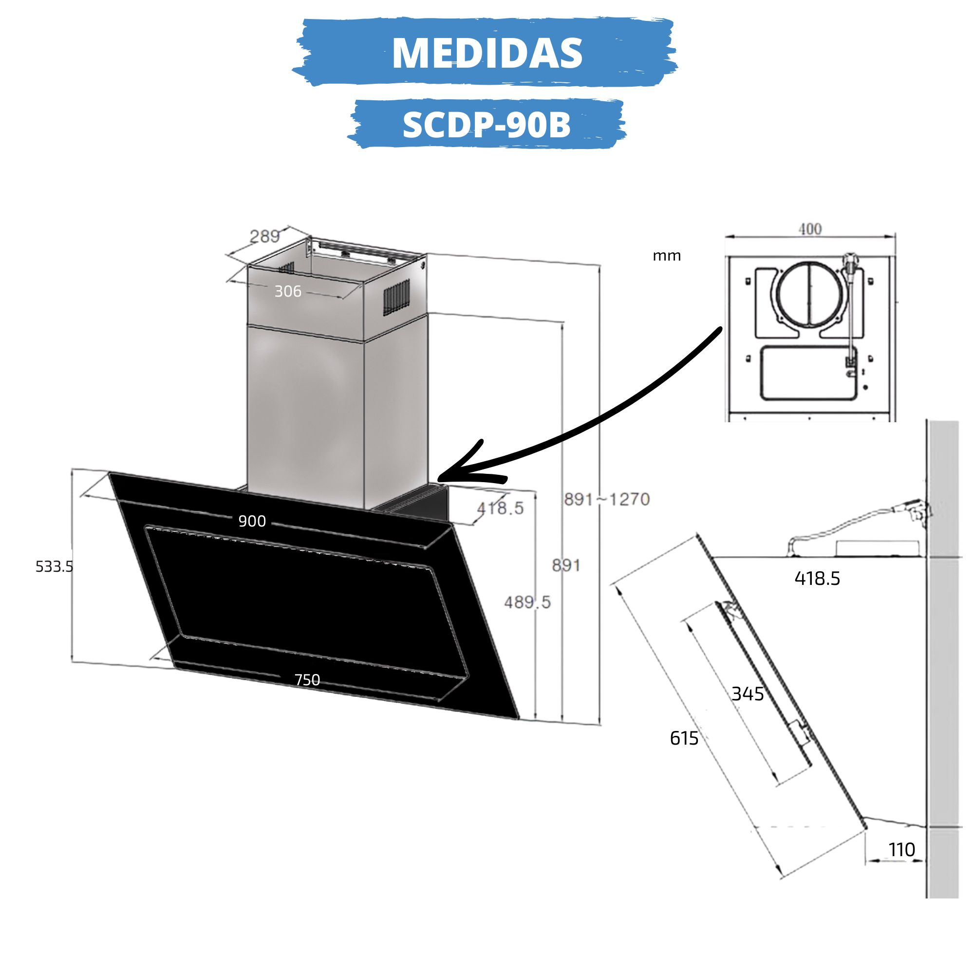 Plano técnico que muestra las medidas en milímetros para el modelo de campana SCDP-90B.