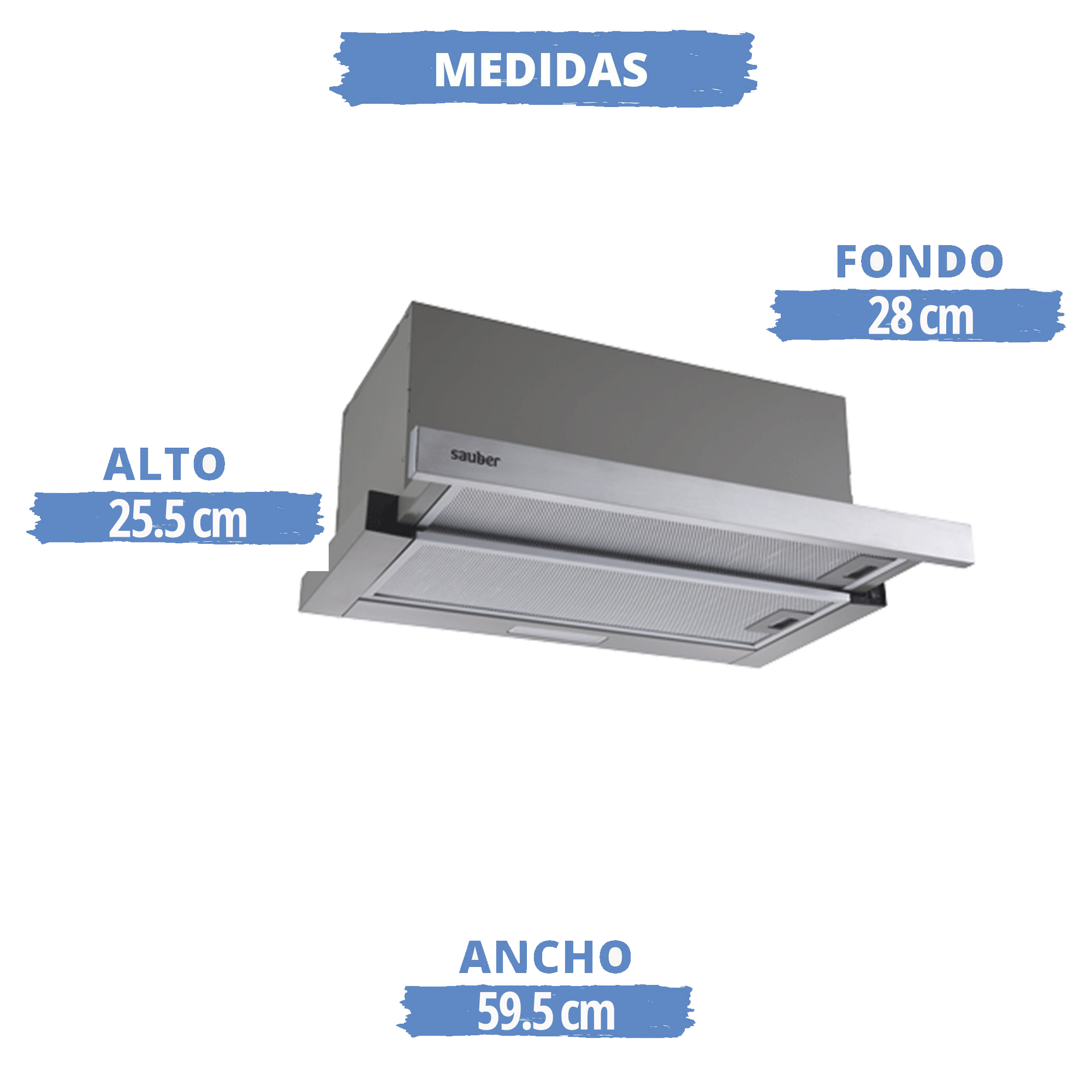 Campana extractora plateada con medidas: alto 25.5 cm, fondo 28 cm, ancho 59.5 cm.