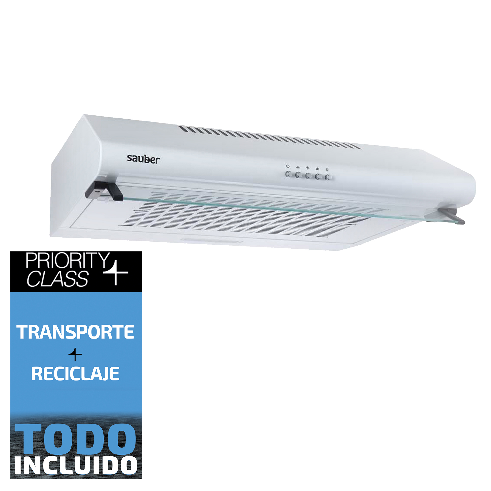Campana extractora blanca Sauber con botones y visera de cristal, con un banner promocional azul abajo.