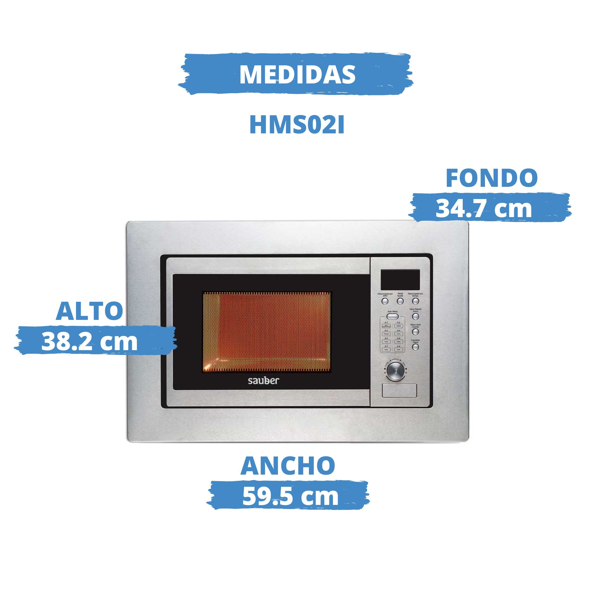 Diagrama que muestra las medidas del microondas integrable HMS02I: alto 38,2 cm, ancho 59,5 cm y fondo 34,7 cm.