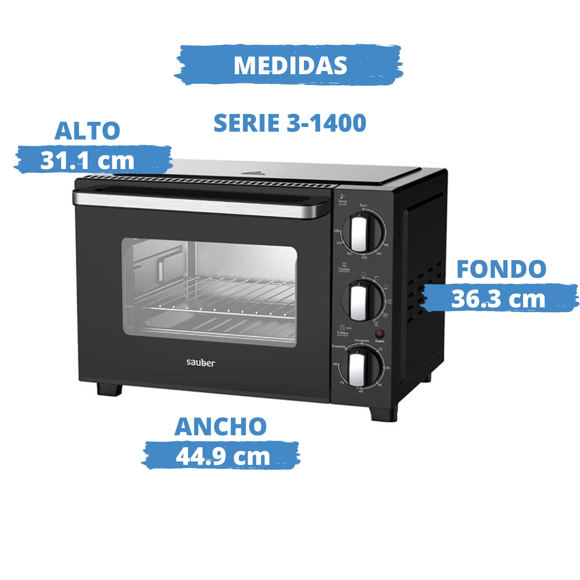 Mini horno negro Sauber con medidas: alto 31,1 cm, ancho 44,9 cm y fondo 36,3 cm.