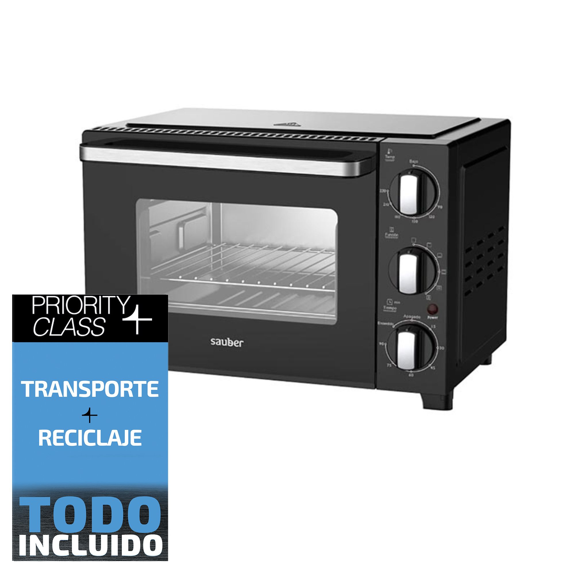 Un horno eléctrico compacto negro con mandos plateados y puerta de cristal sobre fondo blanco.