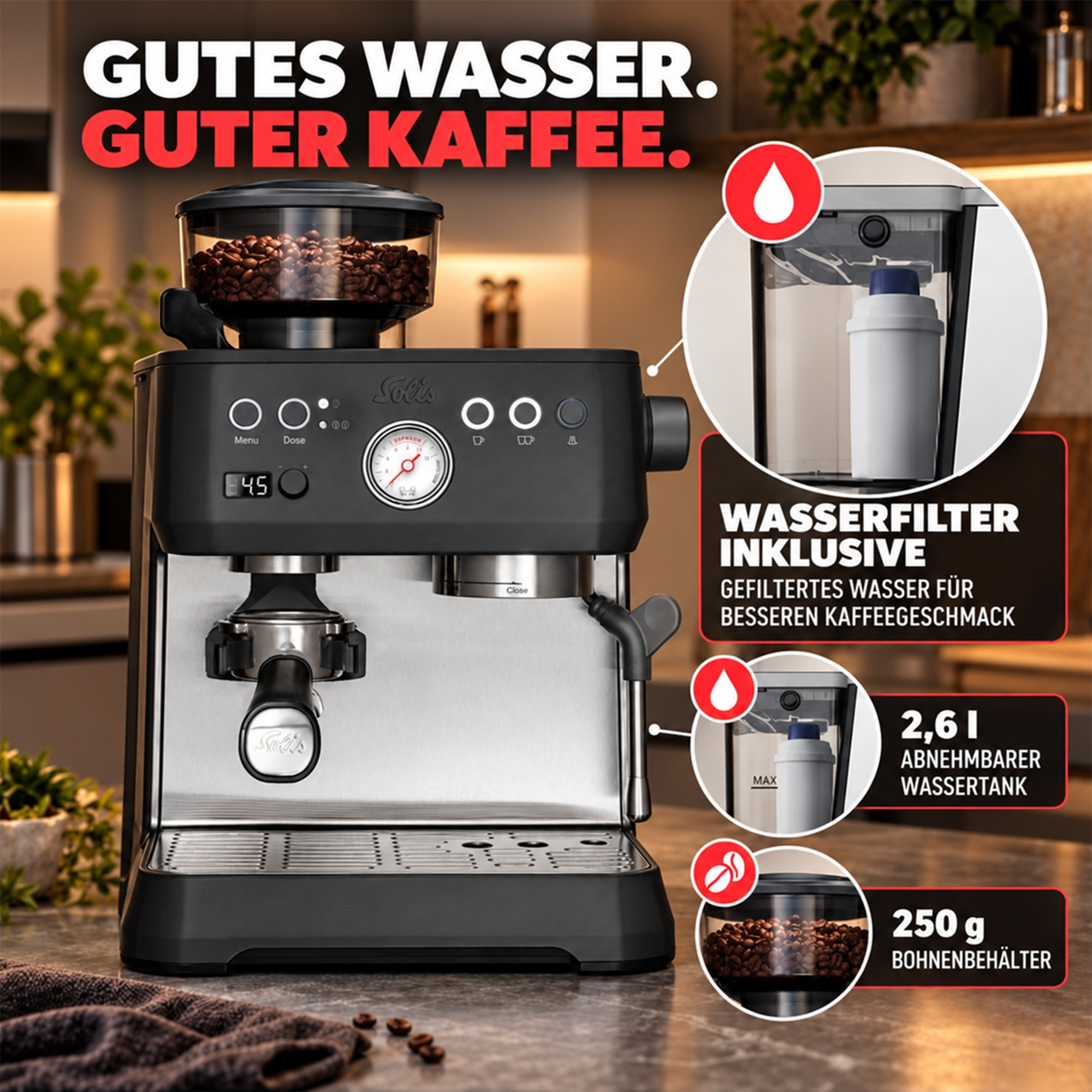 Eine schwarze Espressomaschine mit Bohnenbehälter, Wasserfilter und deutschen Texten.