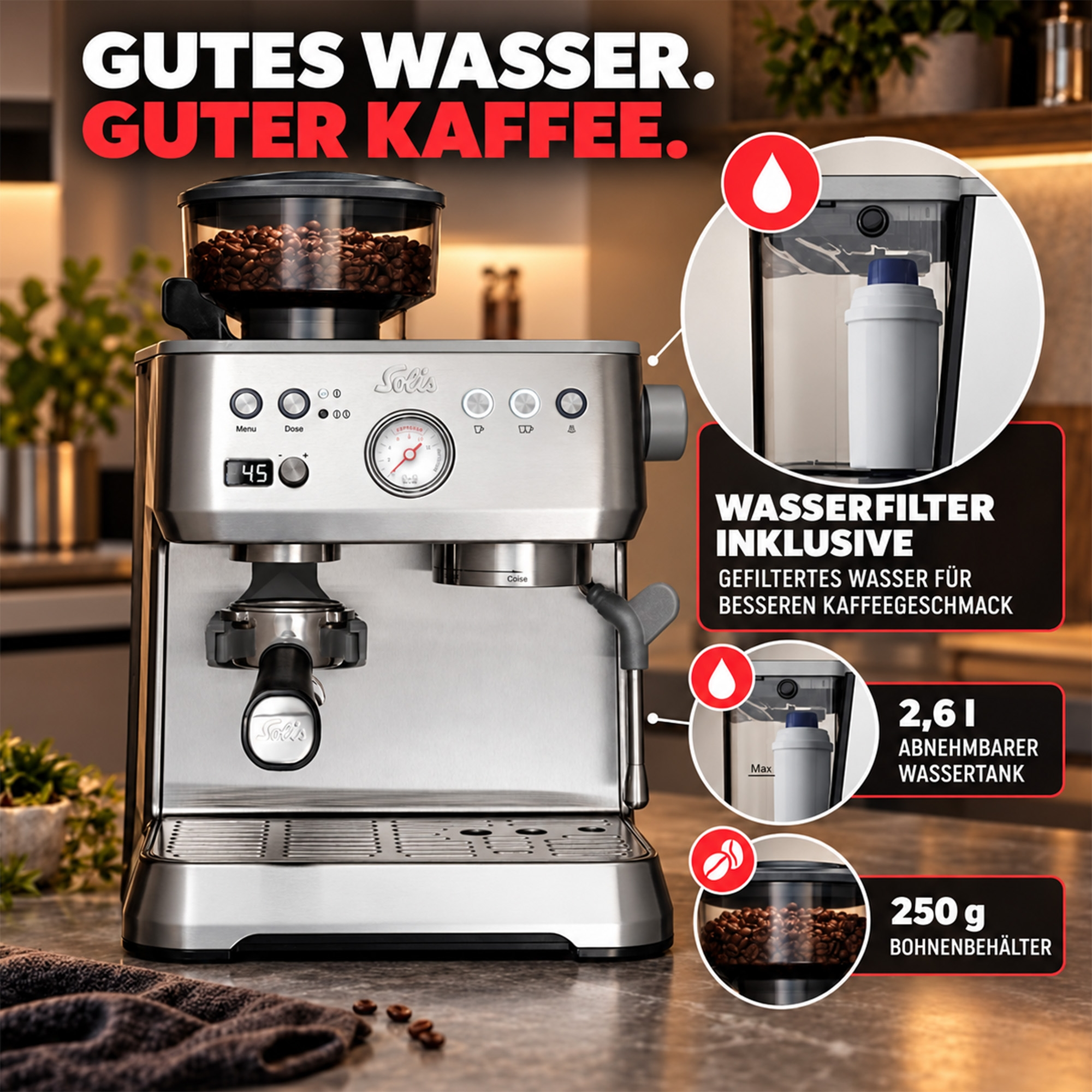 Solis Espressomaschine mit Bohnenbehälter, Wasserfilter und Manometer in einer Küche.