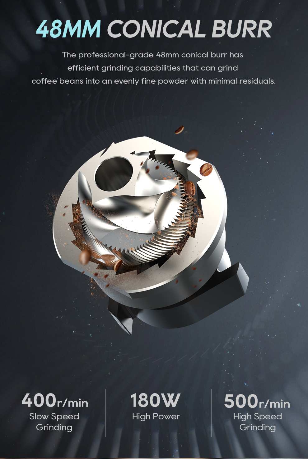 Una macina conica da 48 mm macina chicchi di caffè con testi per 180W e velocità di 400 e 500 g/min.