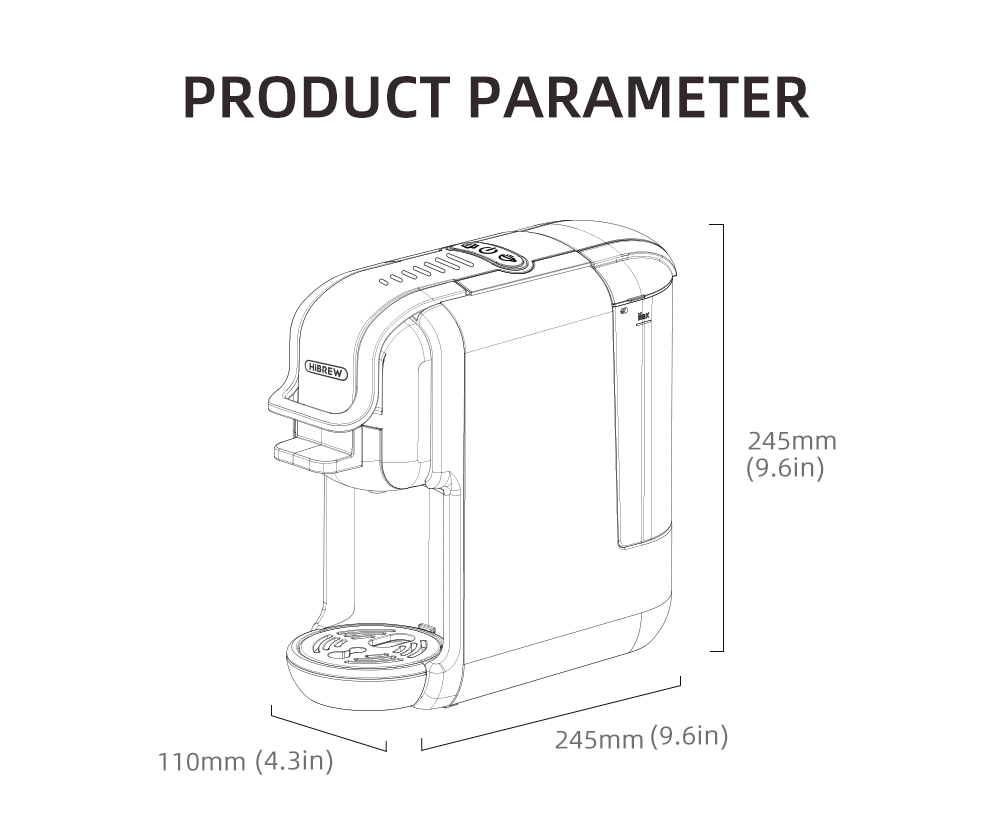 Disegno tecnico di una macchina da caffè con dimensioni: 245mm di altezza, 245mm di lunghezza e 110mm di larghezza.