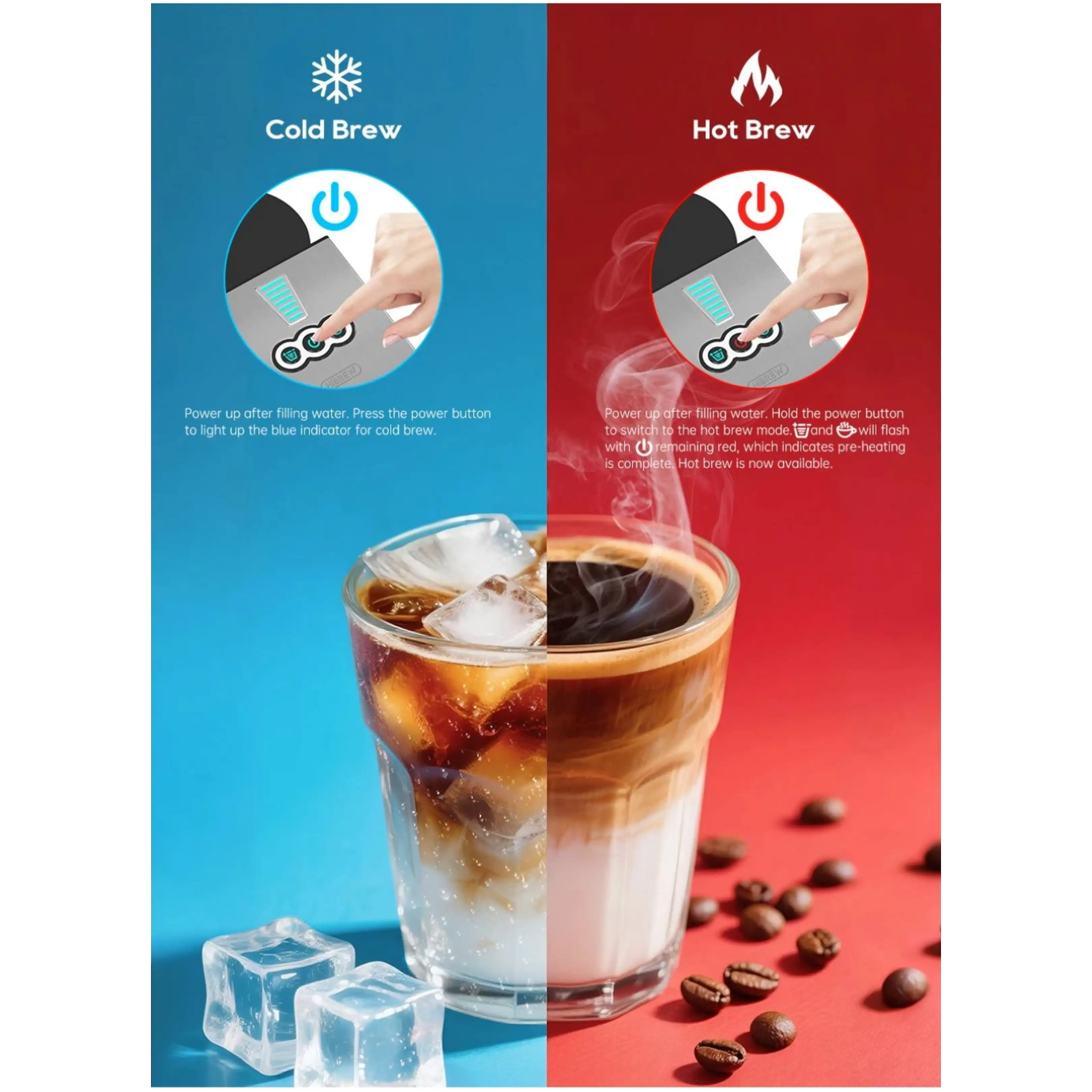 Vista divisa confronta cold brew con ghiaccio su blu e hot brew con vapore su rosso, mostrando i passaggi.