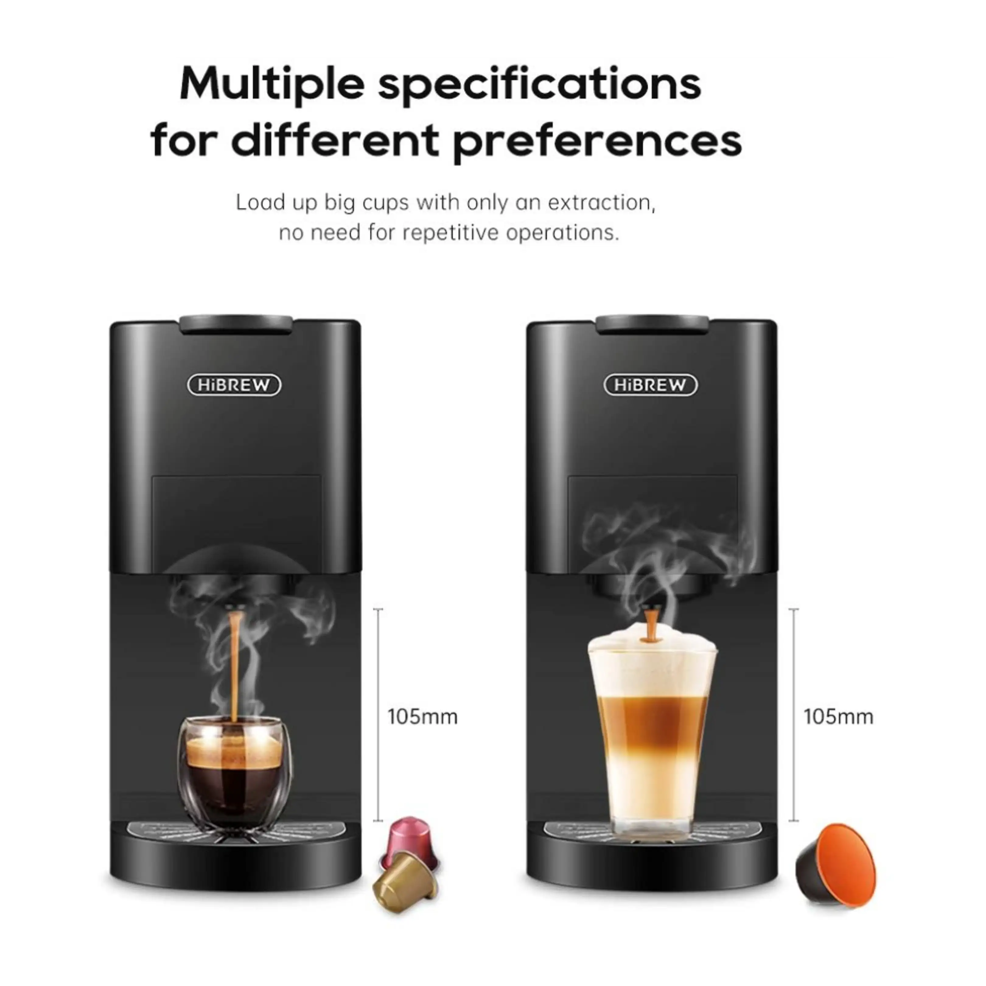 Due macchine da caffè nere HiBrew mostrano l'estrazione di espresso e latte con 105 mm di spazio e capsule.