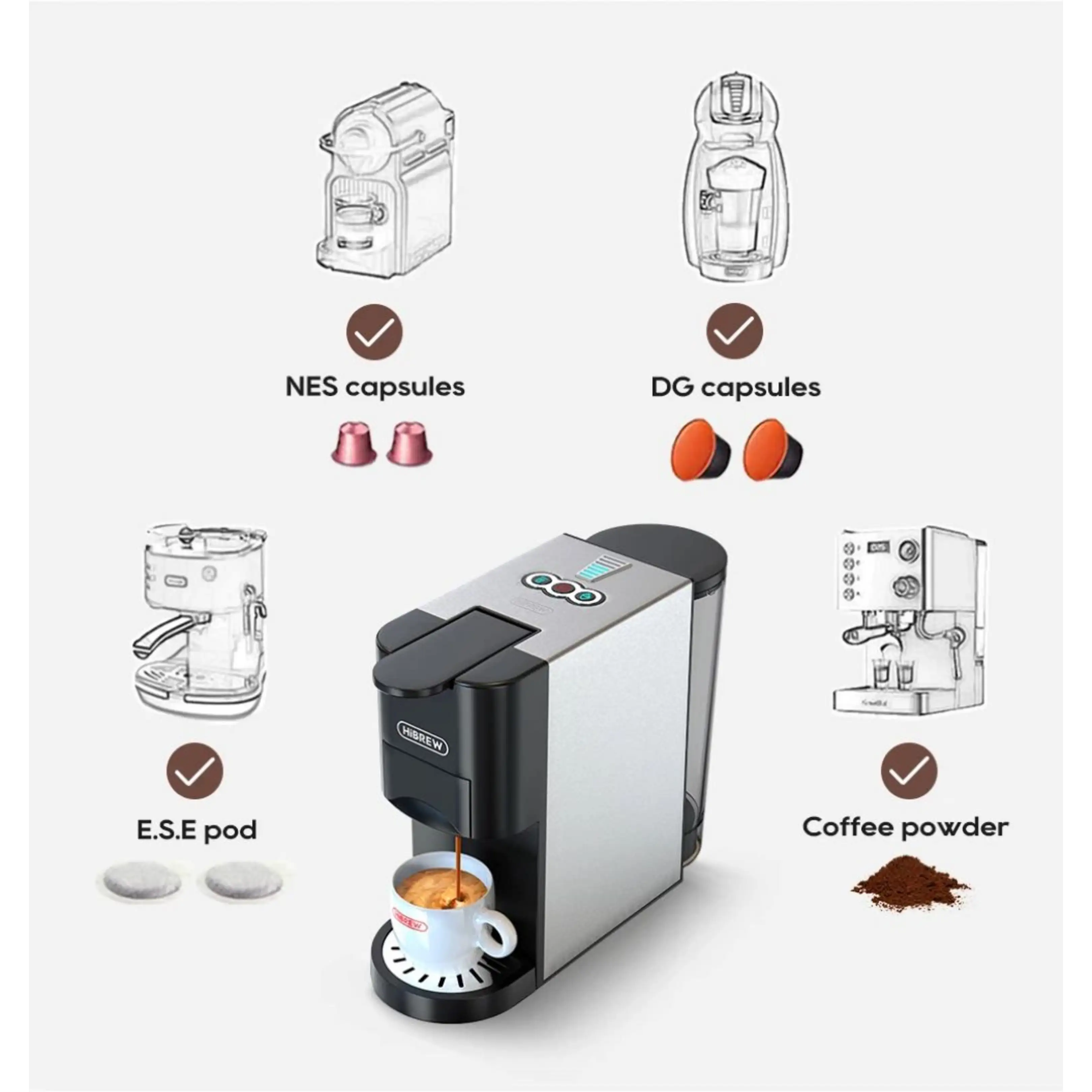 Una macchina da caffè centrale mostra quattro formati compatibili: capsule NES, capsule DG, cialde E.S.E. e caffè in polvere.